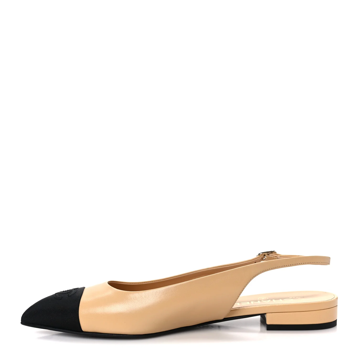 Goatskin Grosgrain Pointed Toe CC Slingback Flats 40.5 Beige Black