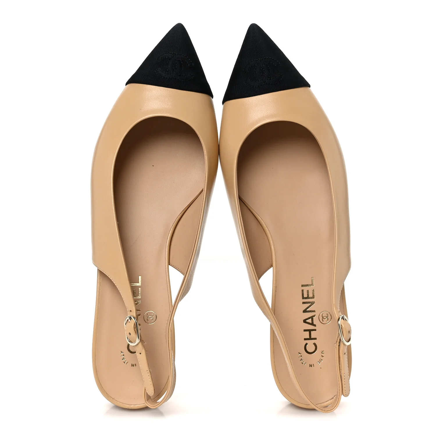 Goatskin Grosgrain Pointed Toe CC Slingback Flats 40.5 Beige Black - Image 2
