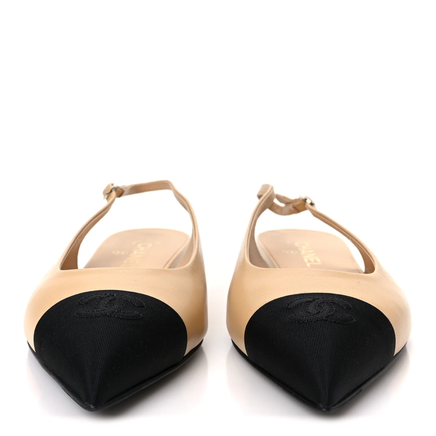 Goatskin Grosgrain Pointed Toe CC Slingback Flats 40.5 Beige Black - Image 3