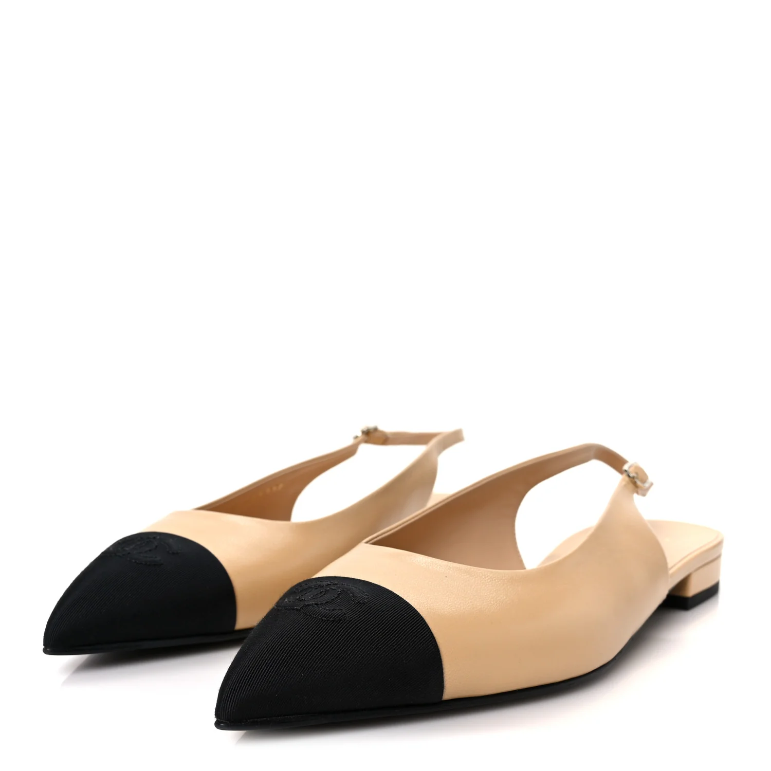 Goatskin Grosgrain Pointed Toe CC Slingback Flats 40.5 Beige Black - Image 4