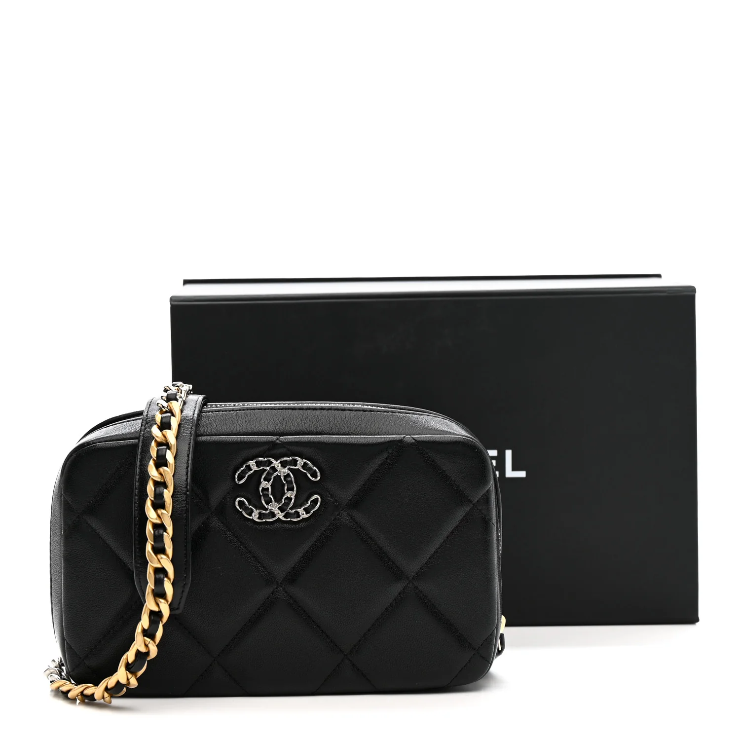 Goatskin Quilted Chanel 19 Camera Crossbody Case Black - Image 11