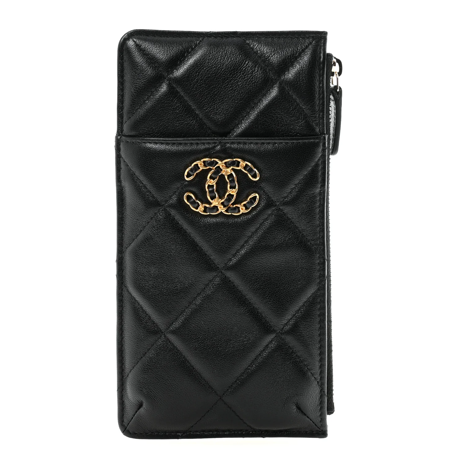 Goatskin Quilted Chanel 19 Flat Wallet Pouch Black
