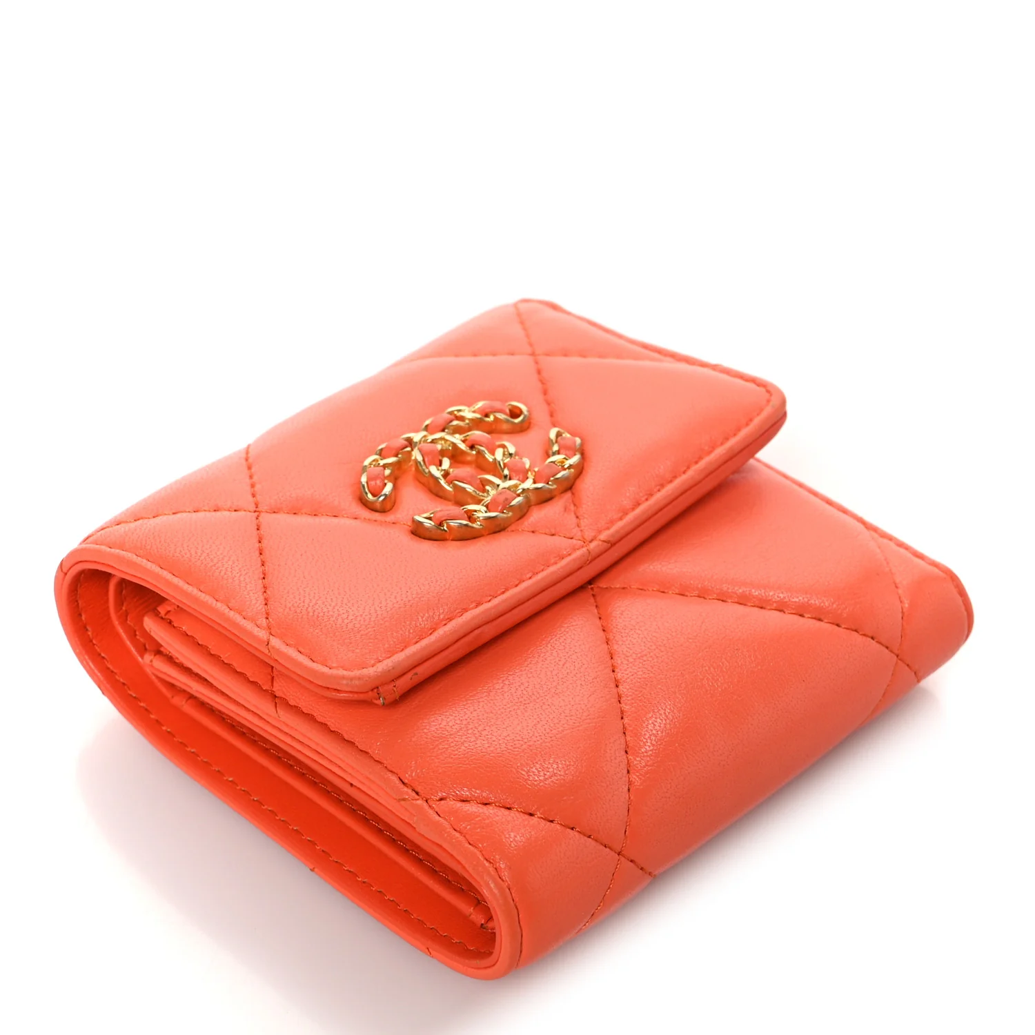 Goatskin Quilted Chanel 19 Small Flap Wallet Orange - Image 4