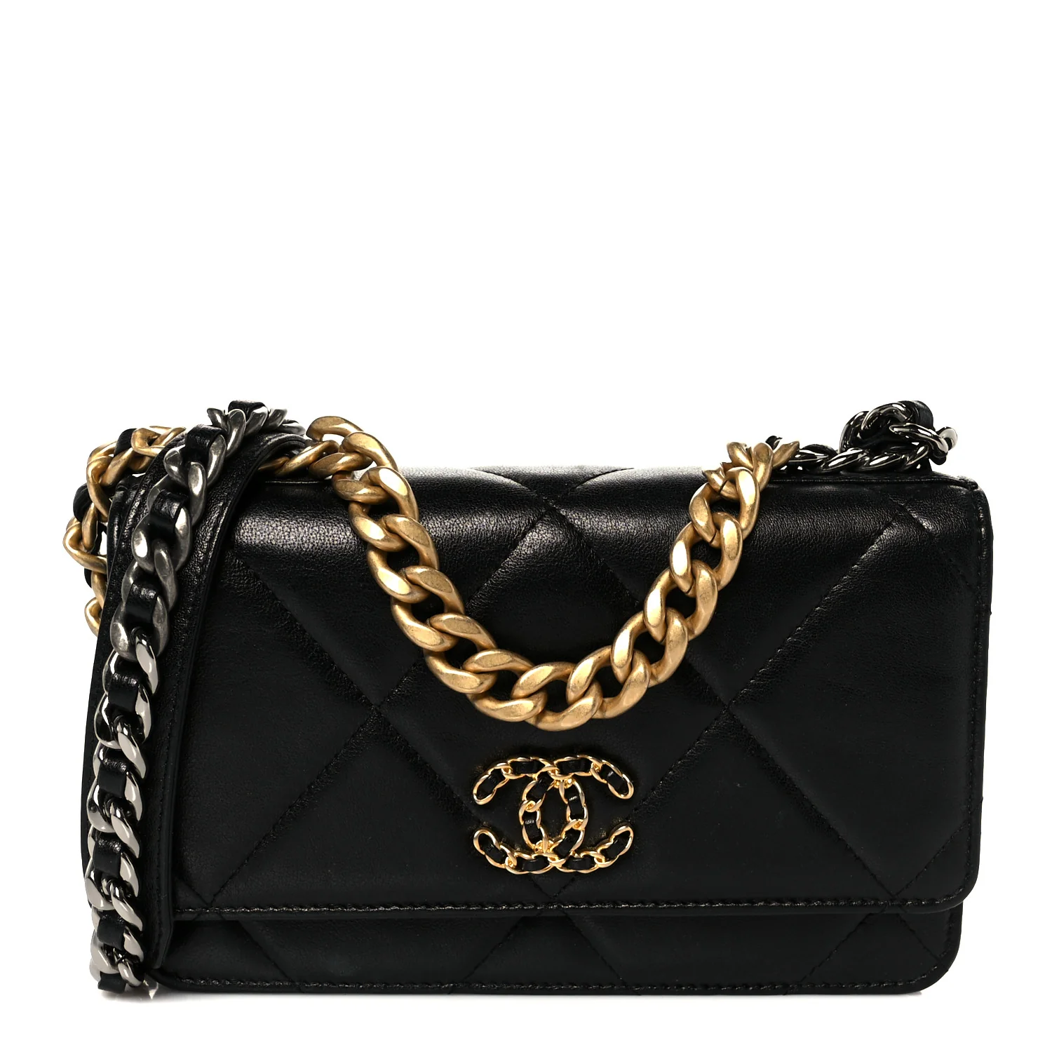 Goatskin Quilted Chanel 19 Wallet On Chain WOC Black