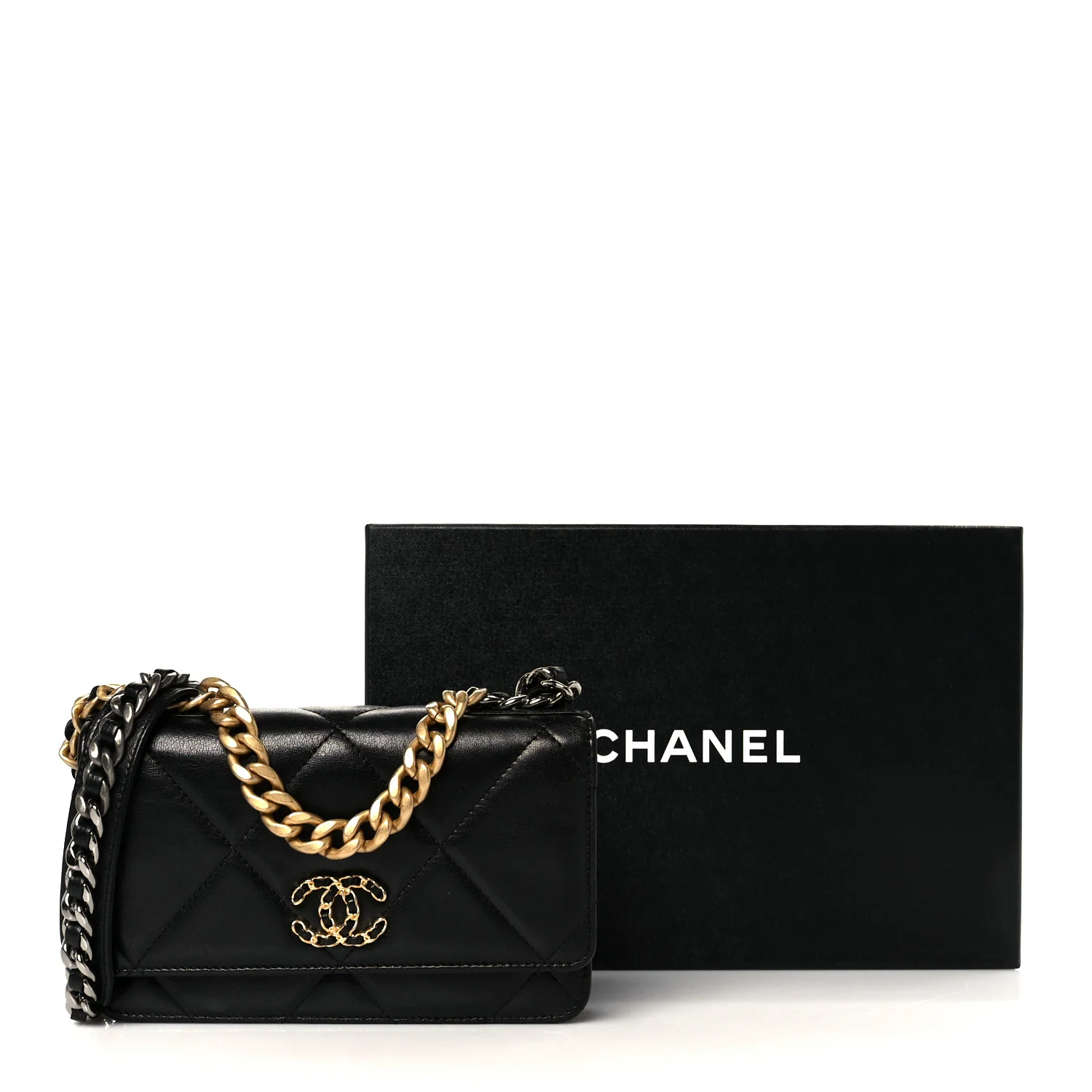 Goatskin Quilted Chanel 19 Wallet On Chain WOC Black - Image 12