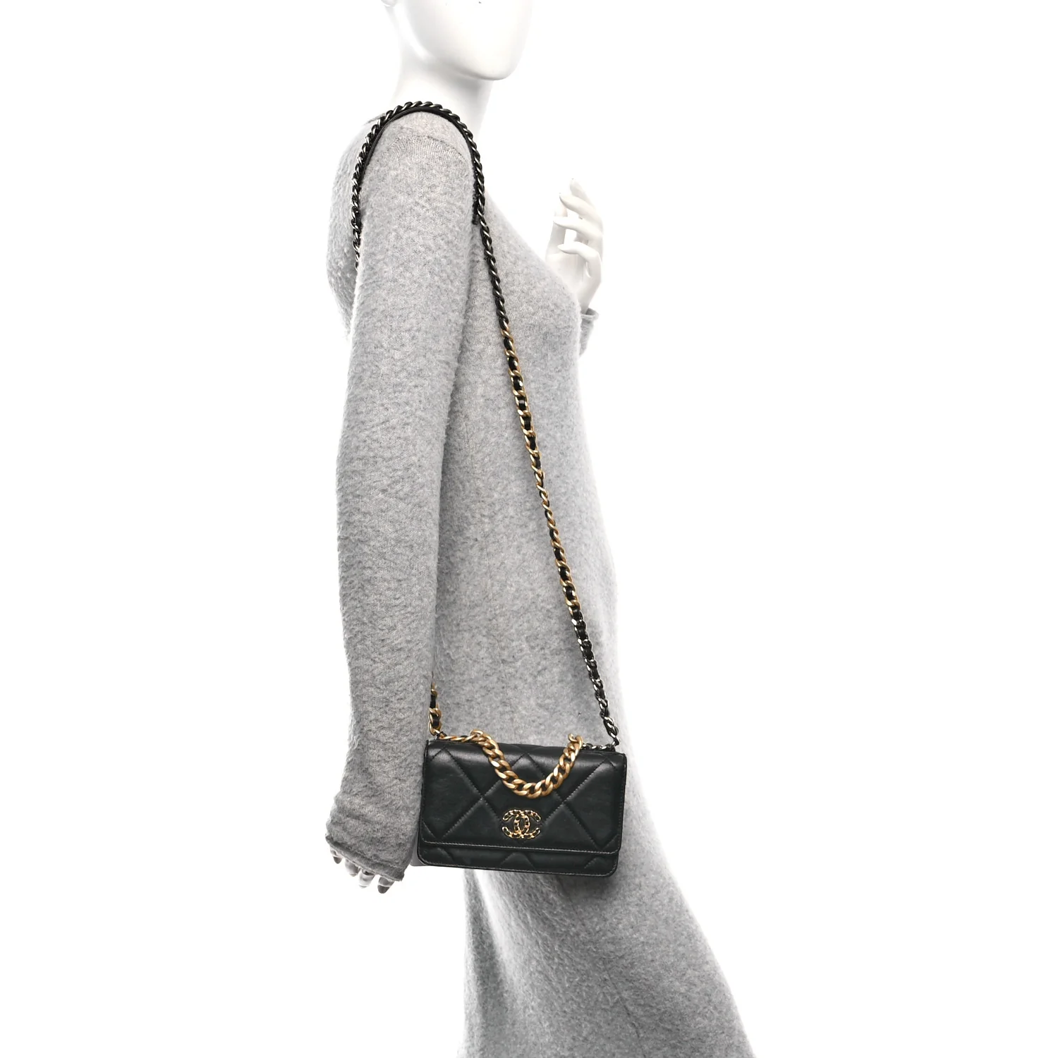 Goatskin Quilted Chanel 19 Wallet On Chain WOC Black - Image 2