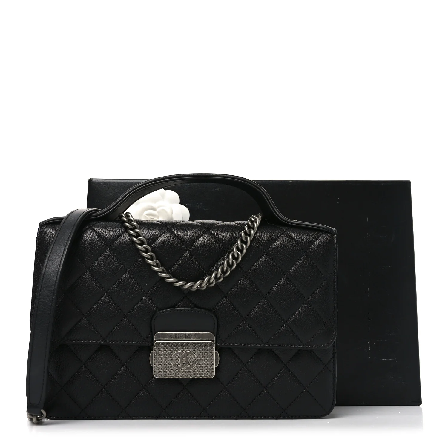 Goatskin Quilted Small CC University Top Handle Flap Black - Image 10