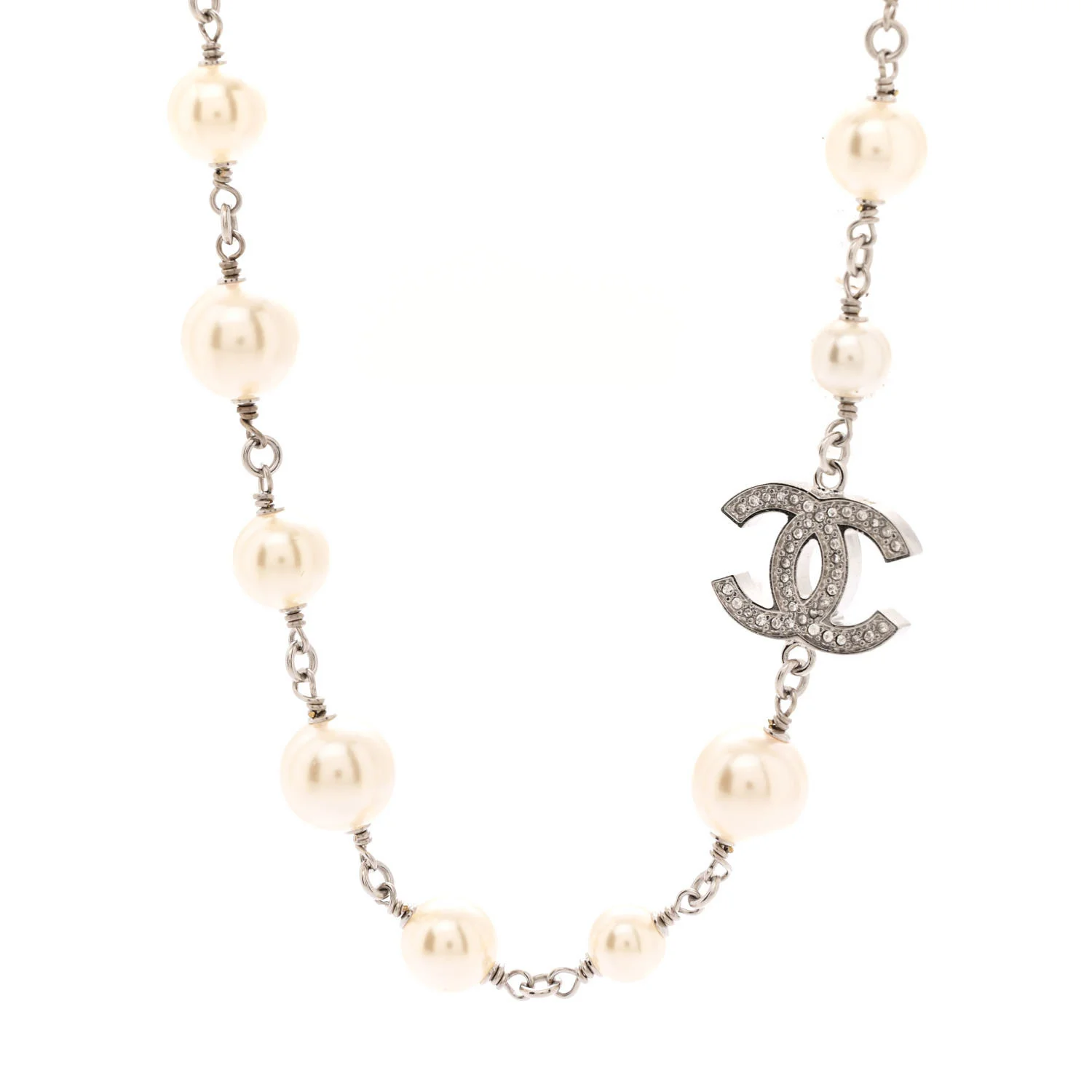 Graduated Pearl Crystal CC Long Necklace Silver - Image 4