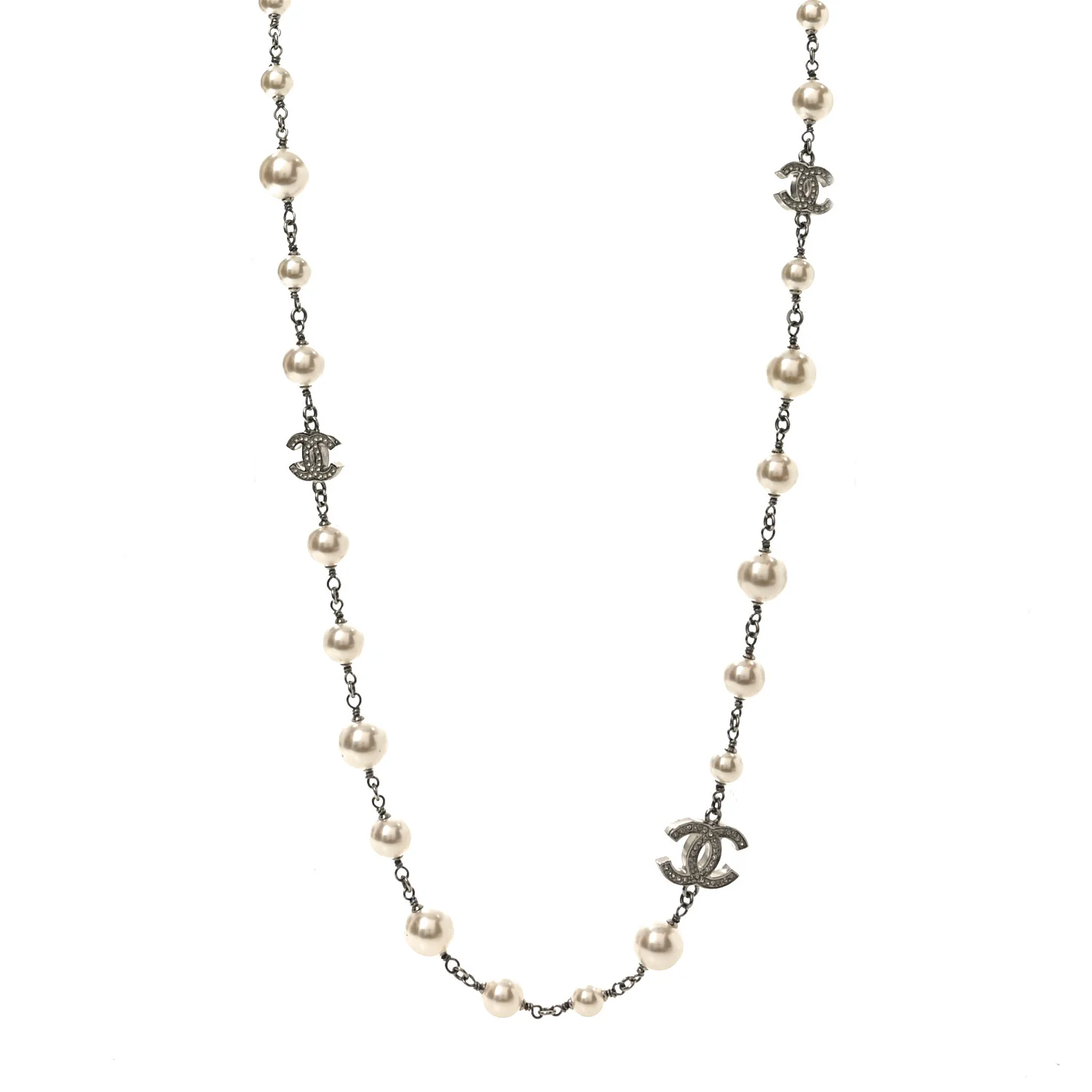 Graduated Pearl Crystal CC Long Necklace Silver