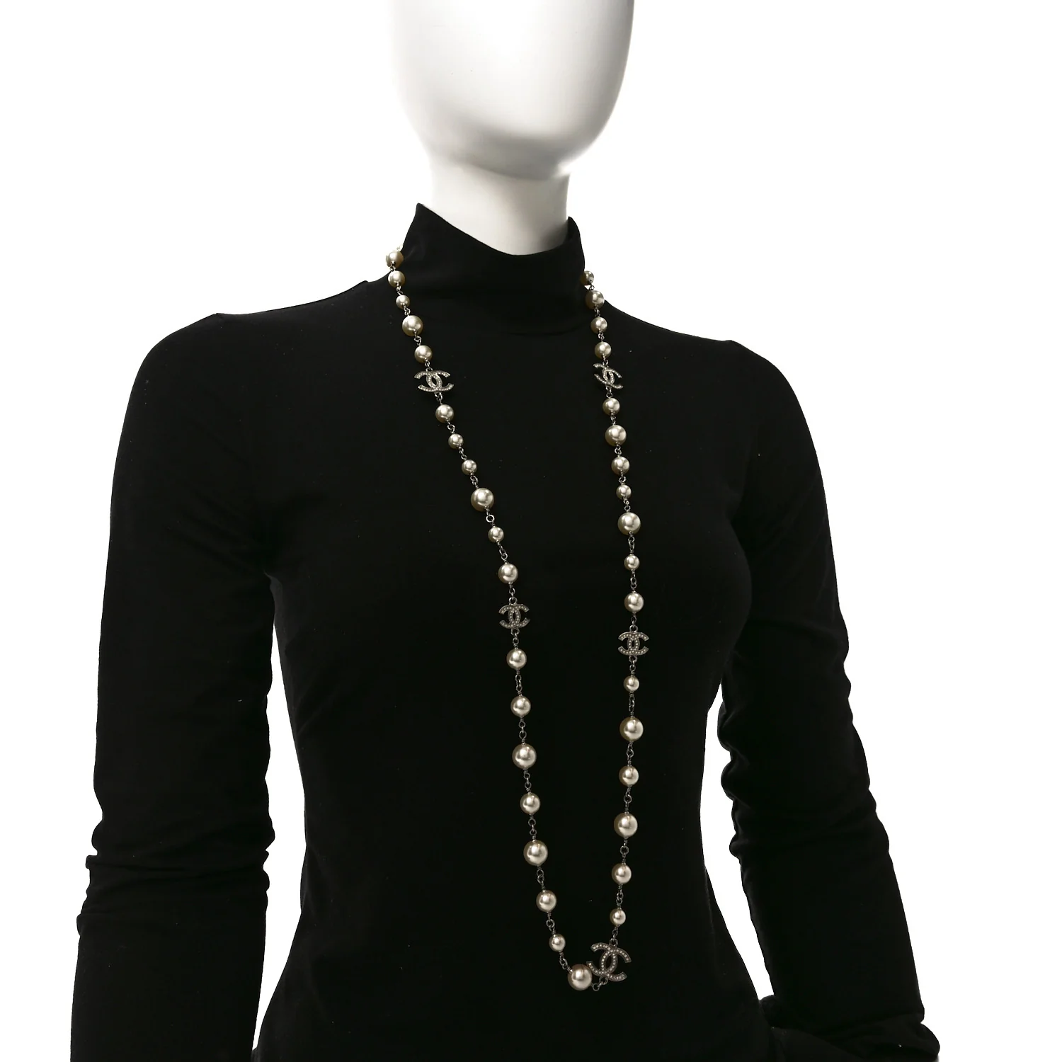 Graduated Pearl Crystal CC Long Necklace Silver - Image 2