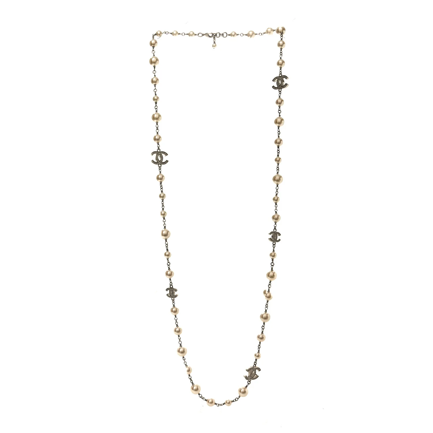 Graduated Pearl Crystal CC Long Necklace Silver - Image 3