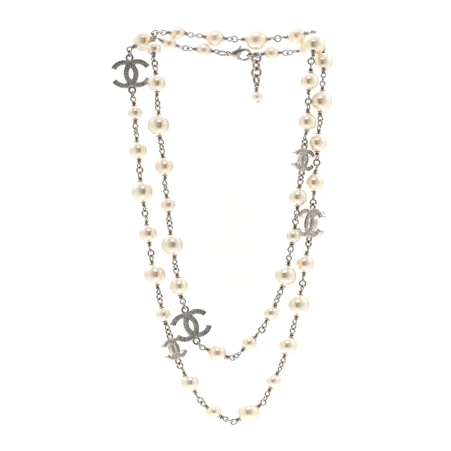 Graduated Pearl Crystal CC Long Necklace Silver - Image 3