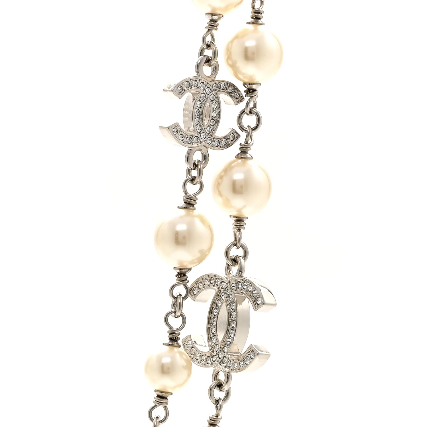 Graduated Pearl Crystal CC Long Necklace Silver - Image 4