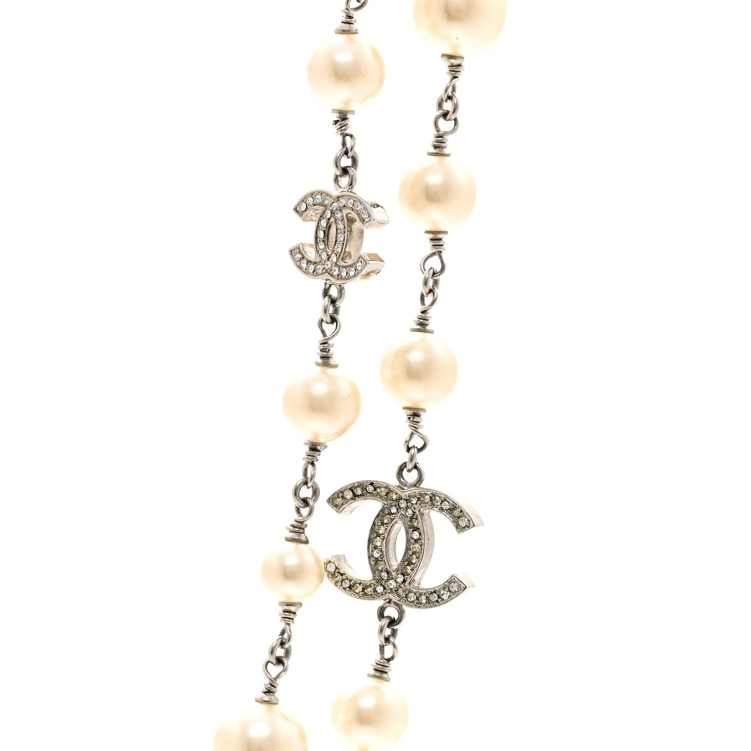 Graduated Pearl Crystal CC Long Necklace Silver - Image 4