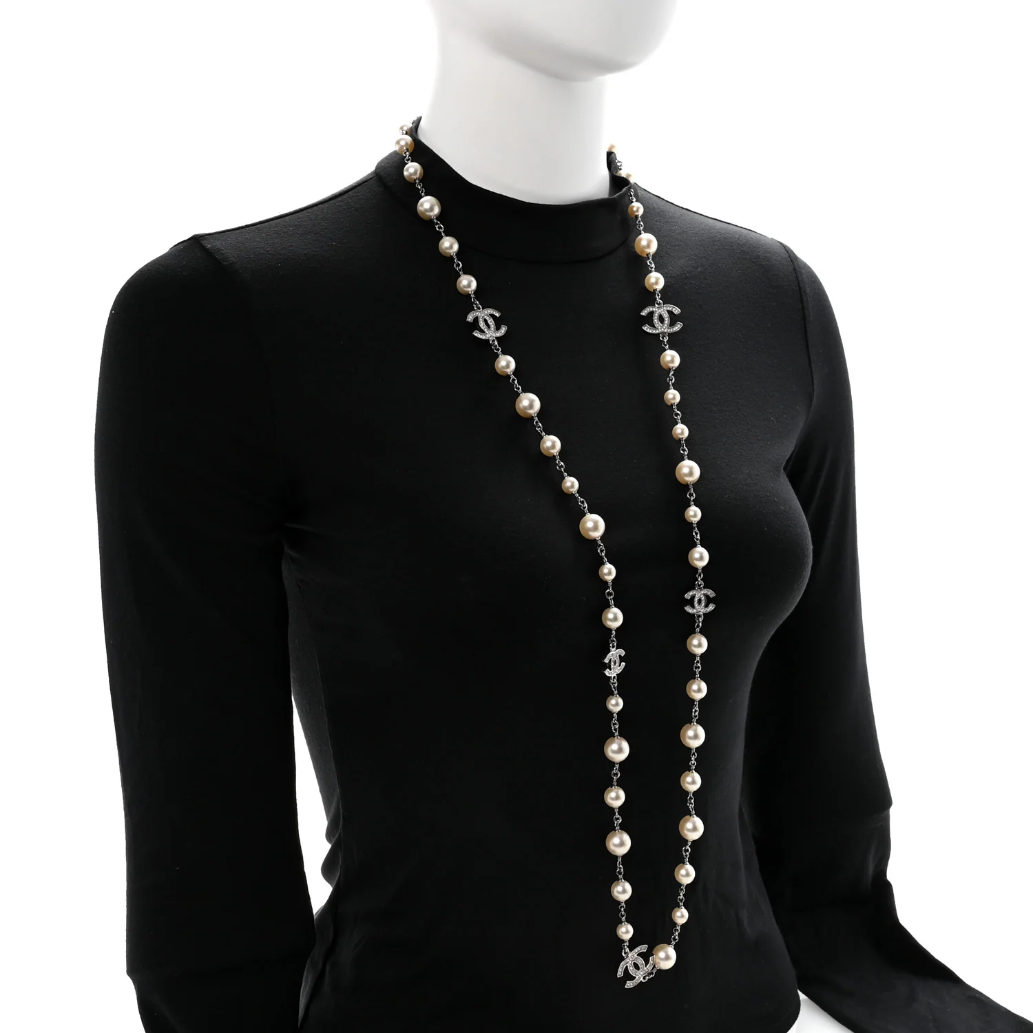 Graduated Pearl Crystal CC Long Necklace Silver - Image 2