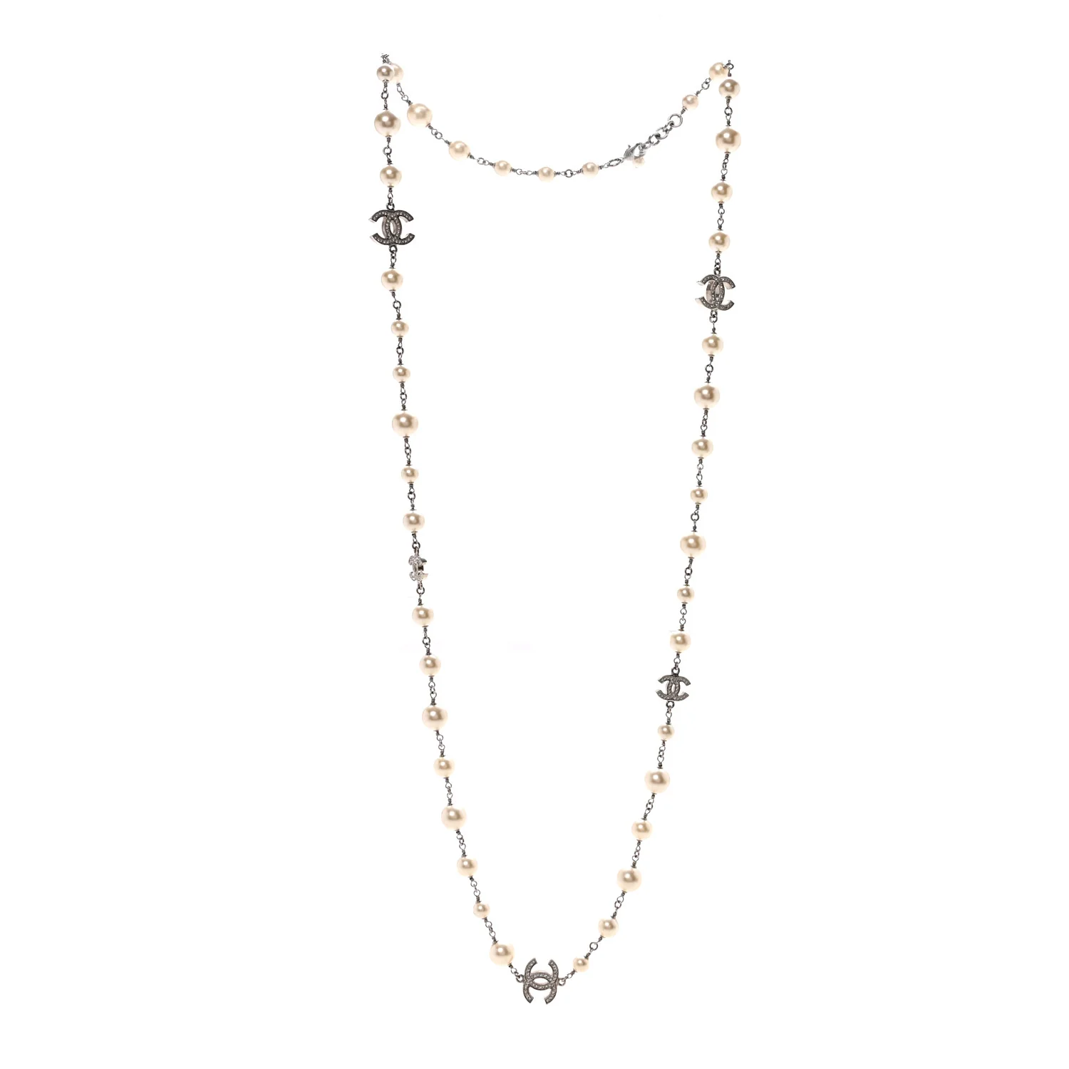 Graduated Pearl Crystal CC Long Necklace Silver - Image 3