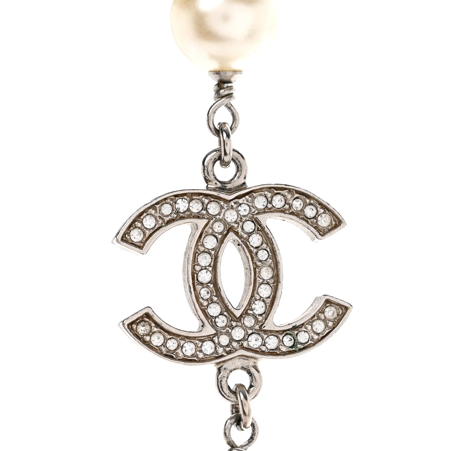 Graduated Pearl Crystal CC Long Necklace Silver - Image 4