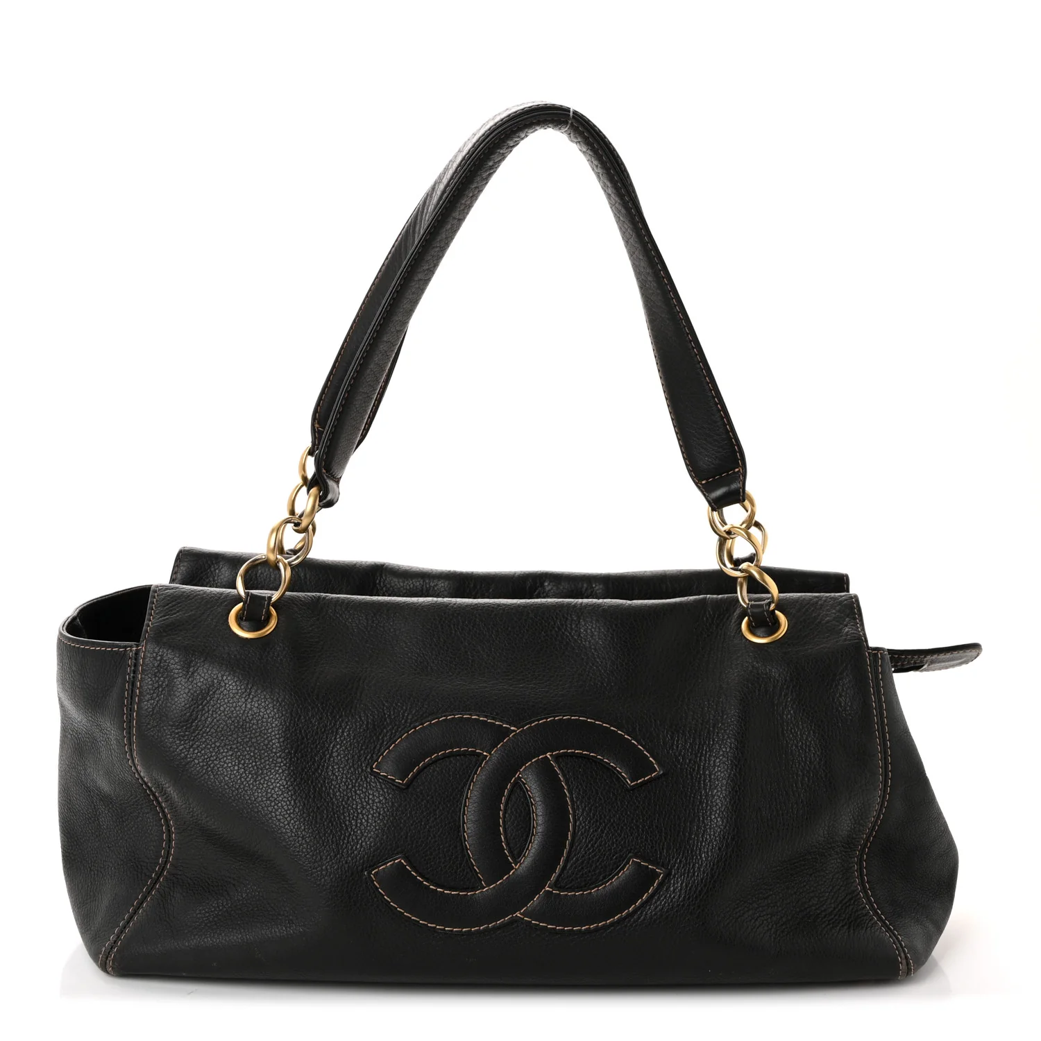Grained Calfskin CC Stitched Shoulder Bag Black