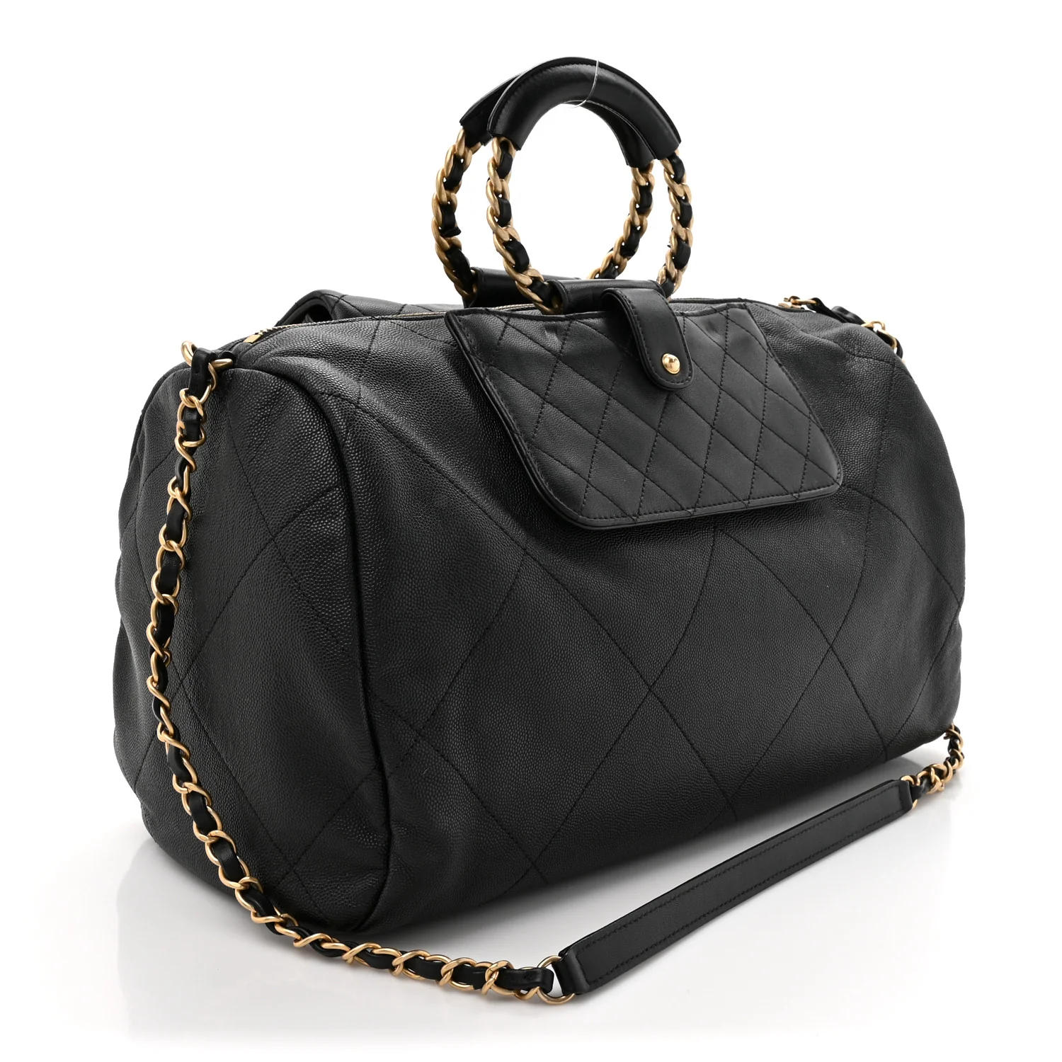 Grained Calfskin Lambskin Quilted Large Bowling Bag Black - Image 3