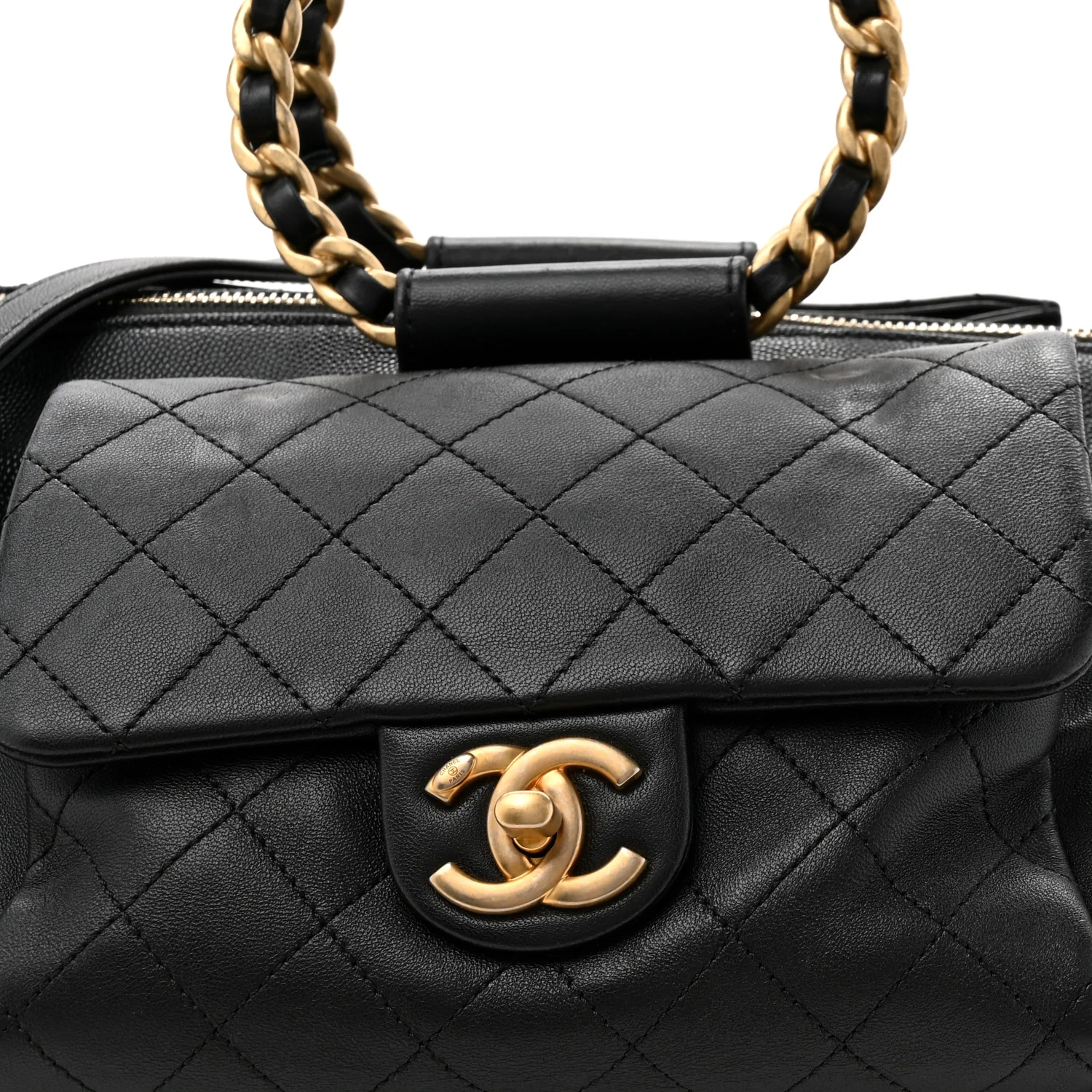 Grained Calfskin Lambskin Quilted Large Bowling Bag Black - Image 8