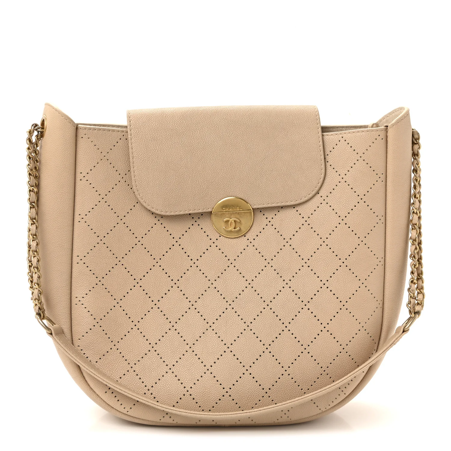 Grained Calfskin Perforated Small Flap Hobo Beige