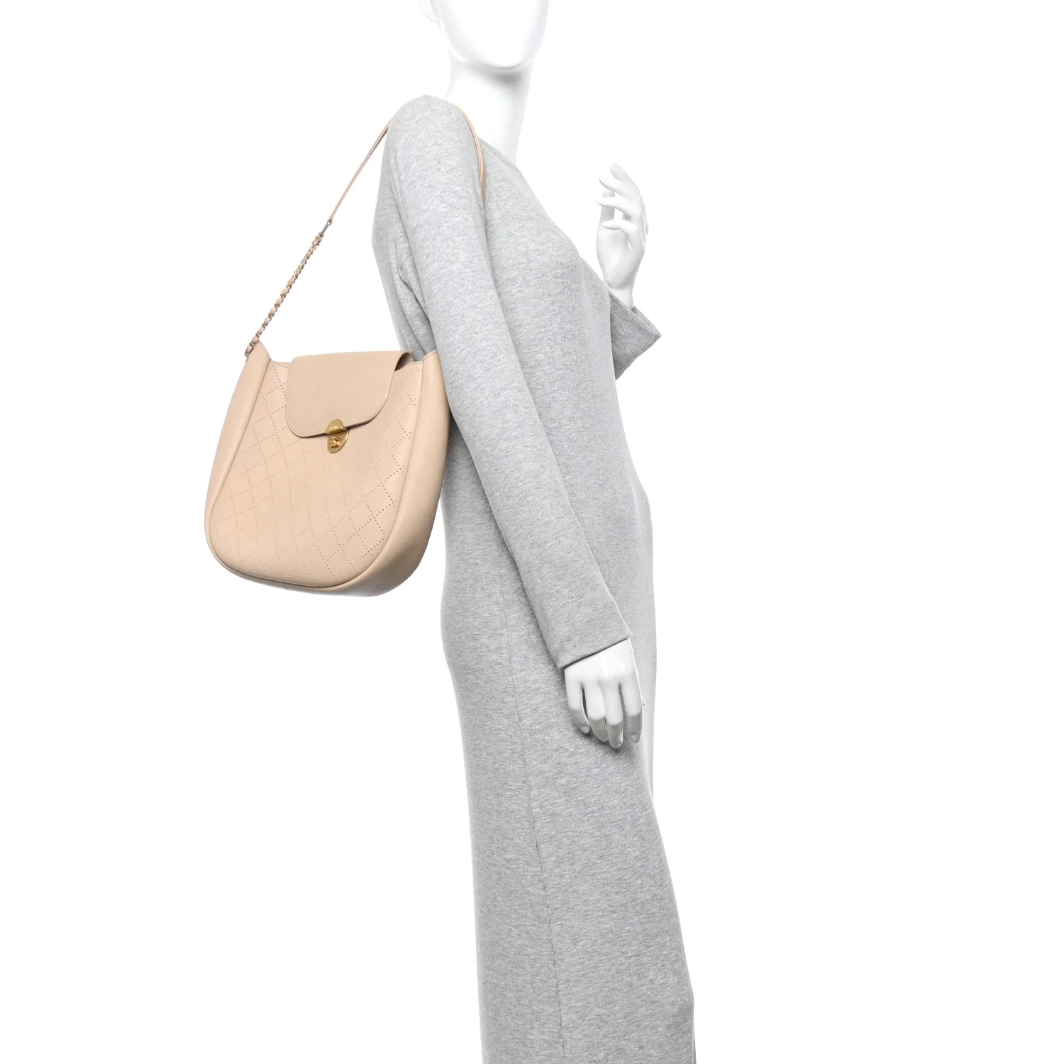 Grained Calfskin Perforated Small Flap Hobo Beige - Image 2