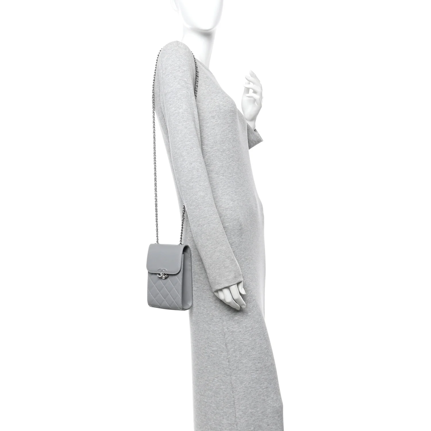 Grained Calfskin Quilted CC Box Clutch With Chain Grey - Image 2