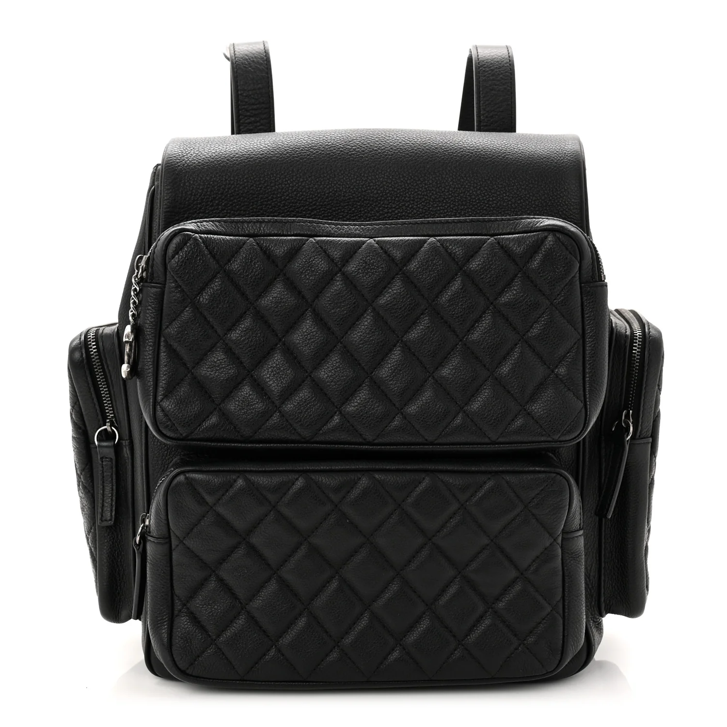 Grained Calfskin Quilted Large Casual Rock Backpack Black