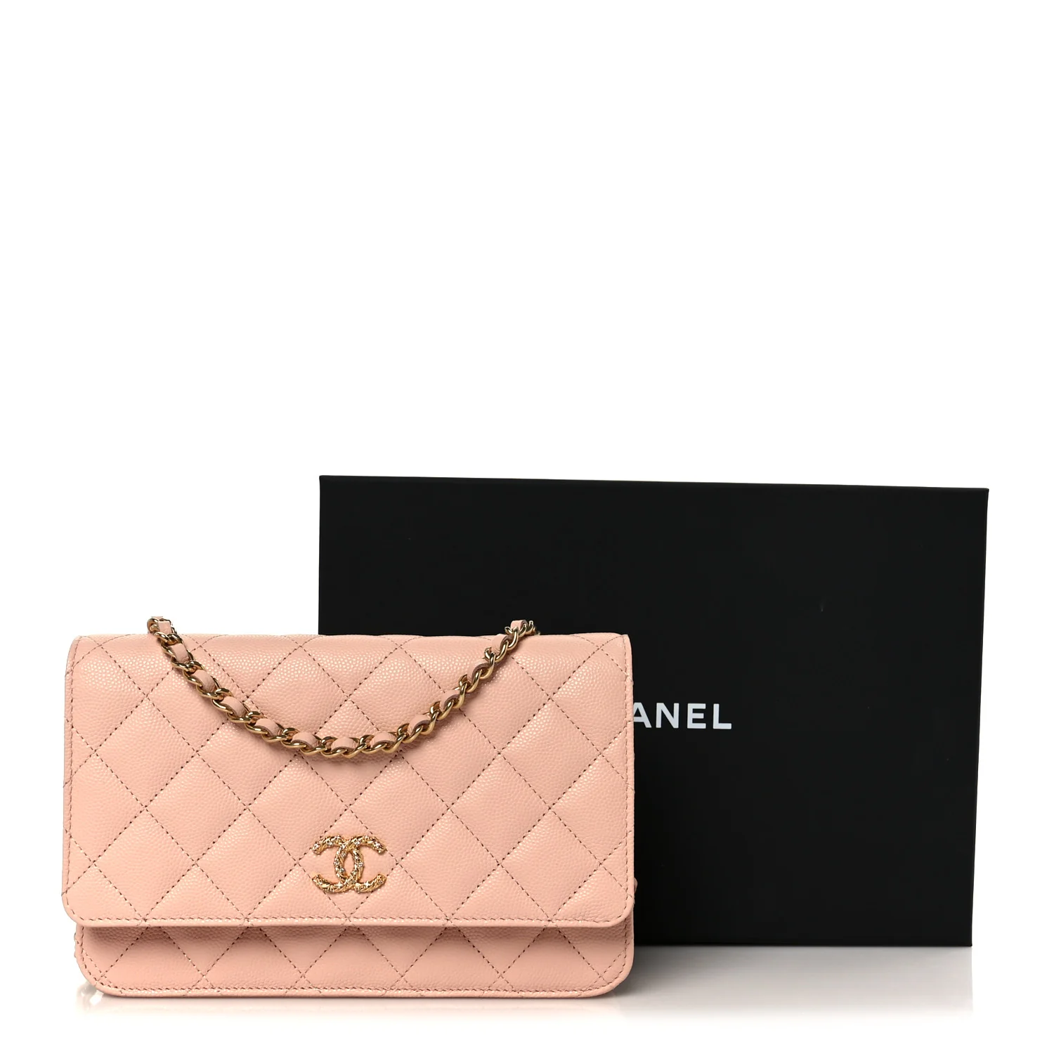 Grained Calfskin Quilted Strass CC Wallet On Chain WOC Light Pink - Image 12
