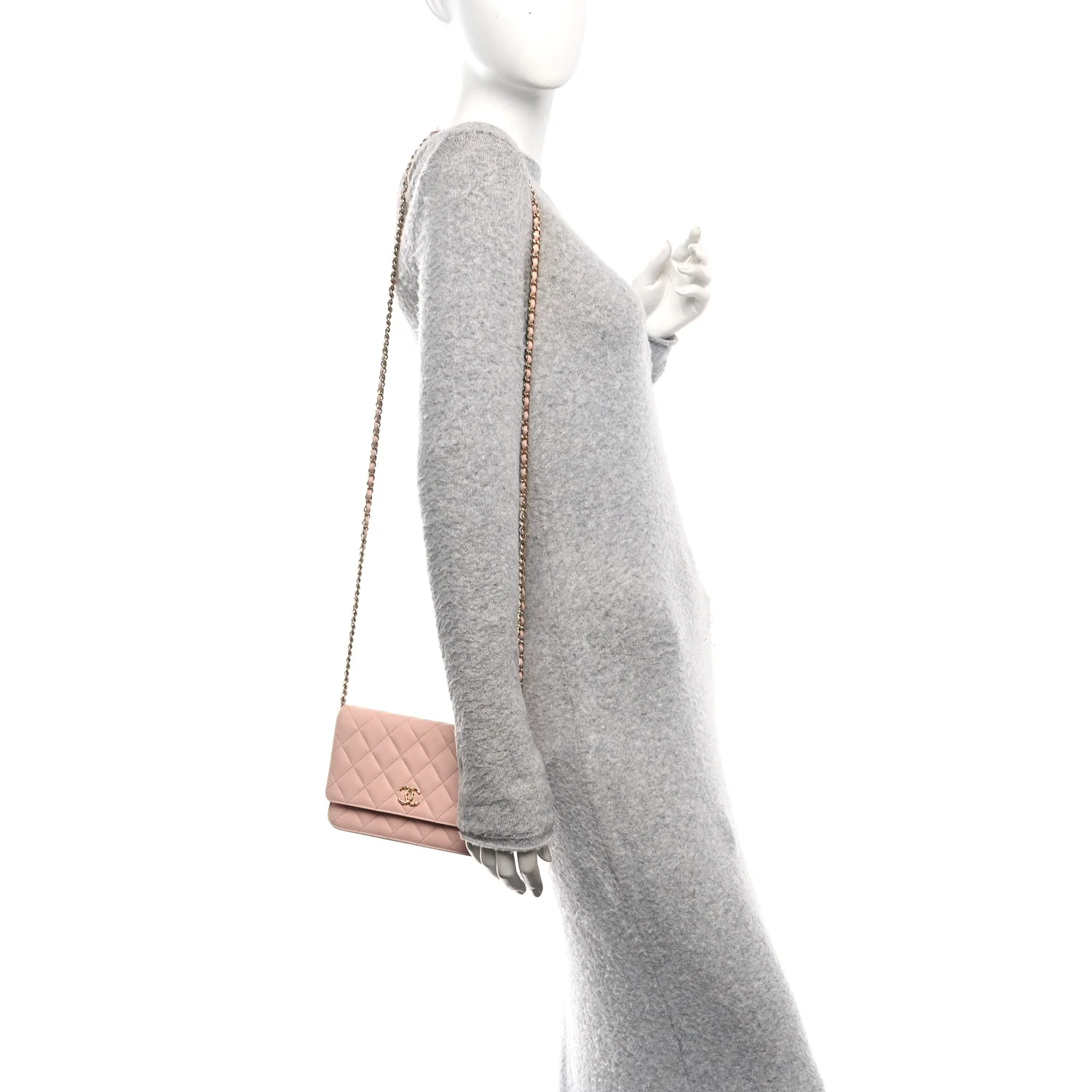Grained Calfskin Quilted Strass CC Wallet On Chain WOC Light Pink - Image 2