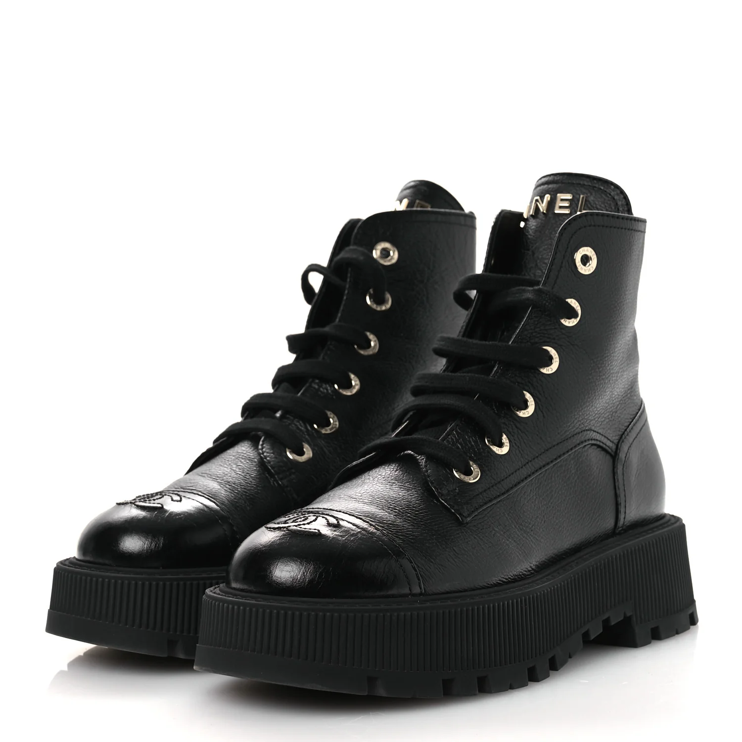 Grained Calfskin Shiny Calfskin CC Lace Up Combat Boots 38.5 Black - Image 4