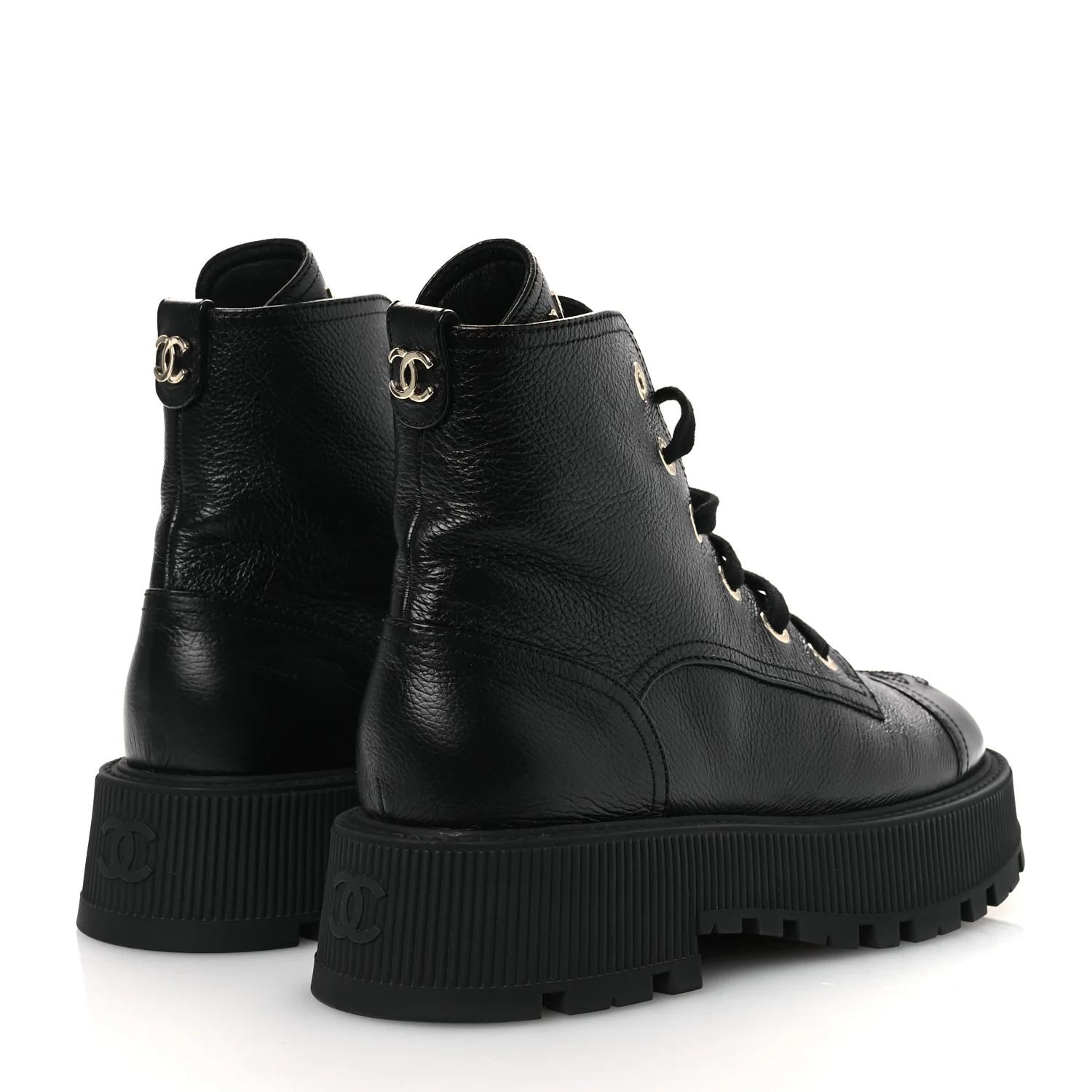 Grained Calfskin Shiny Calfskin CC Lace Up Combat Boots 38.5 Black - Image 5