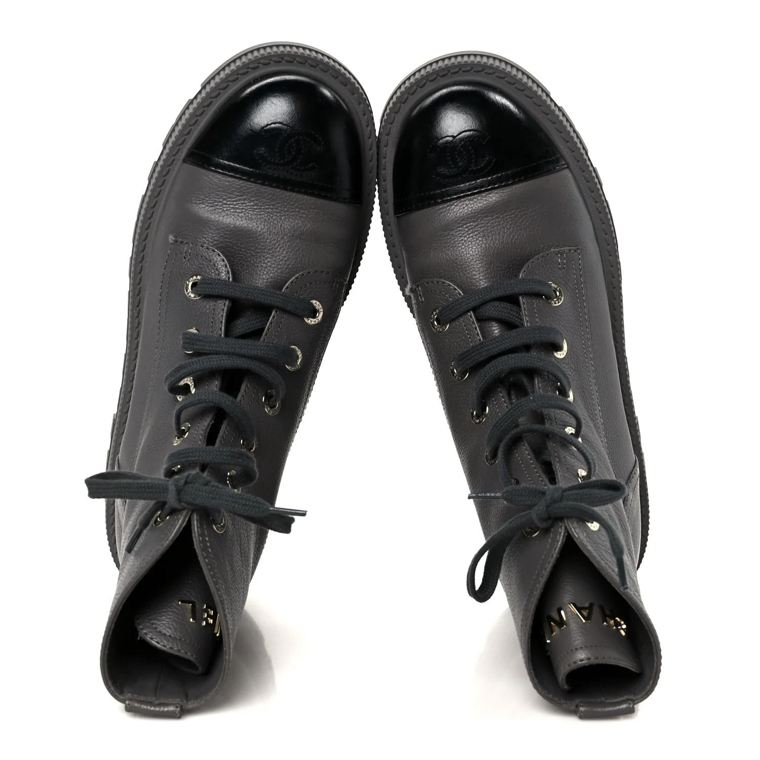 Grained Calfskin Shiny Calfskin CC Lace Up Combat Boots 41 Gray Black - Image 2