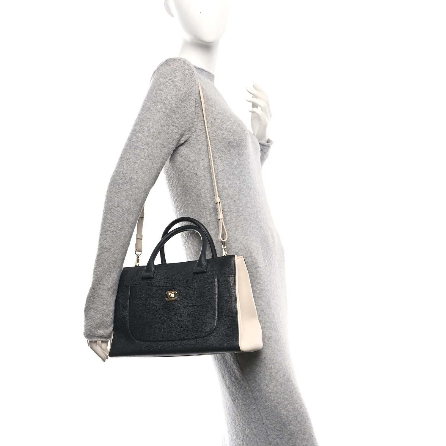 Grained Calfskin Small Bi-Color Neo Executive Shopper Tote Black Beige - Image 2