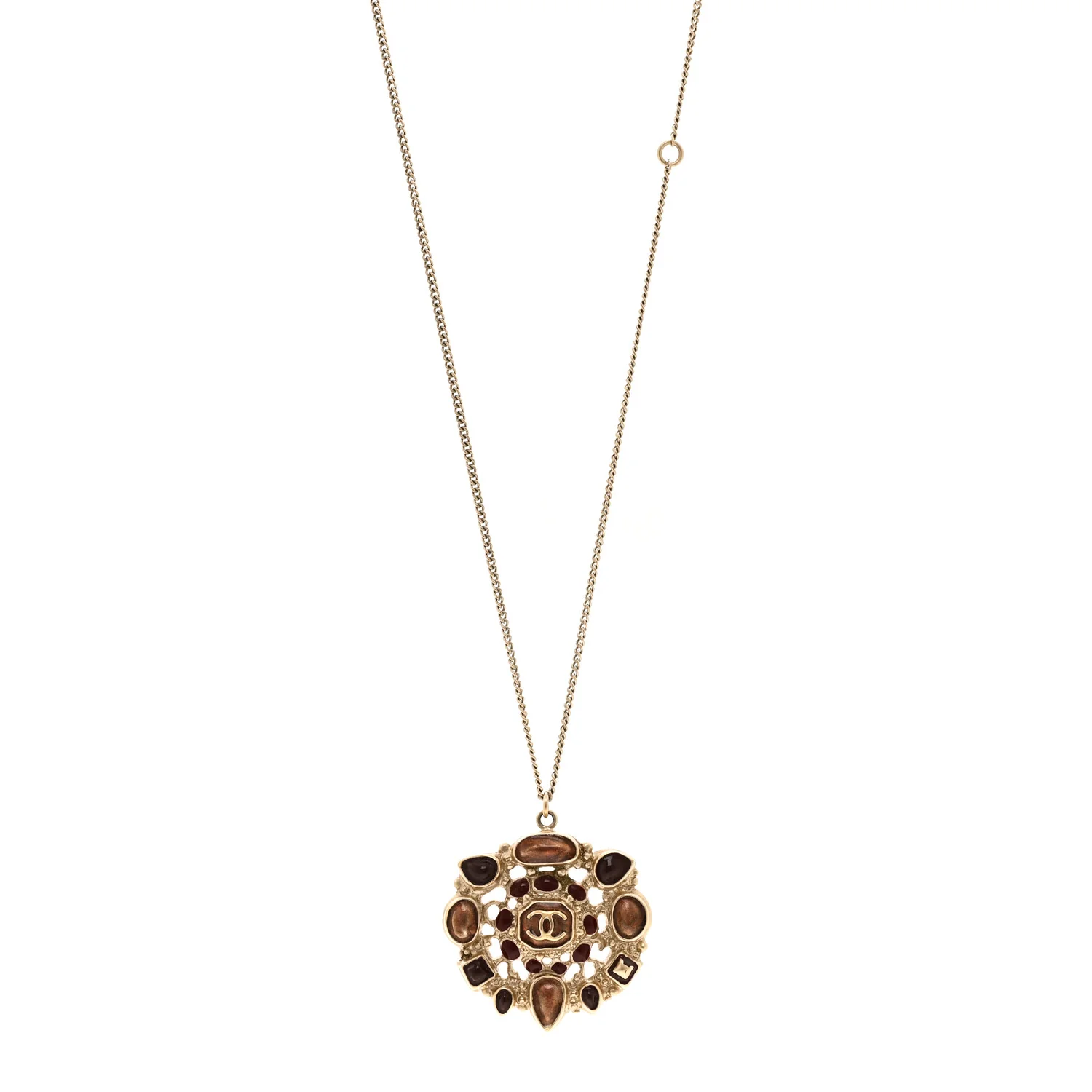 Gripoix Poured Glass CC Pendant Necklace Gold Brown