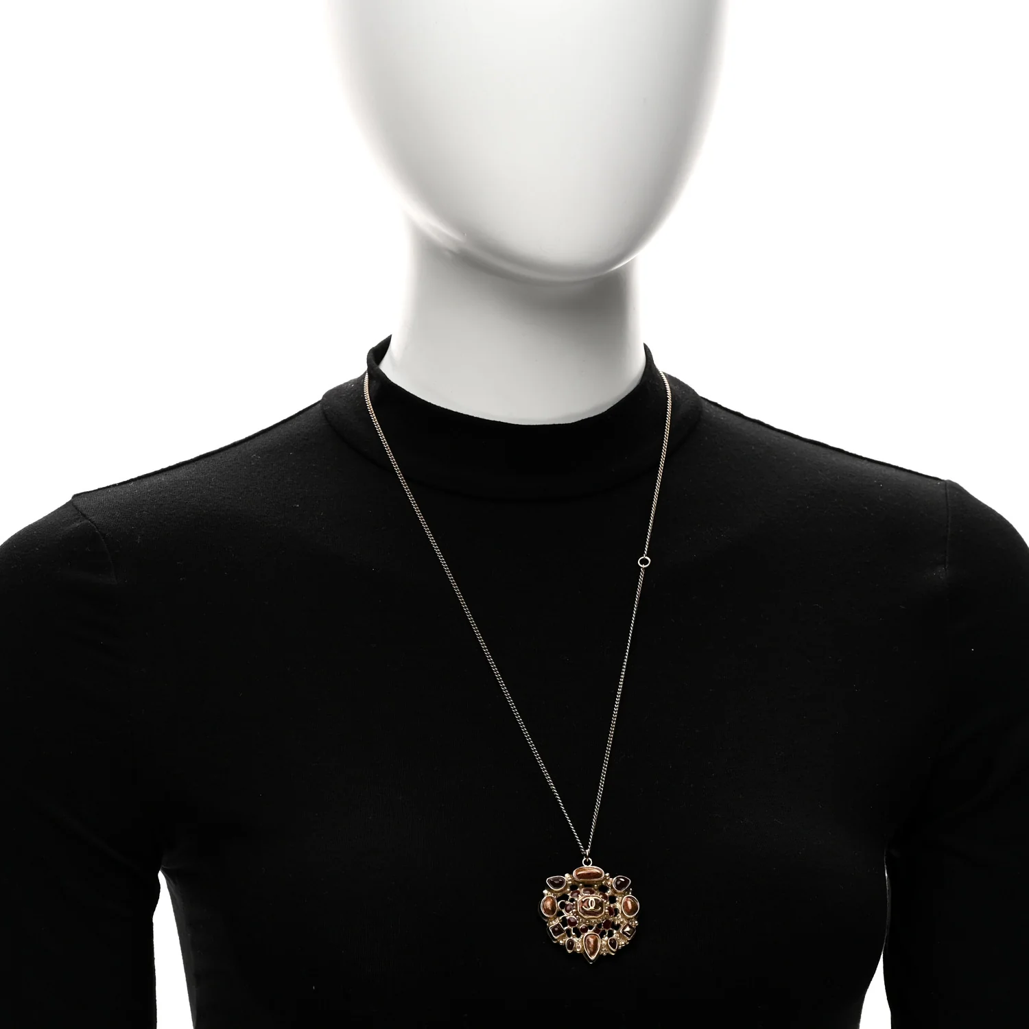 Gripoix Poured Glass CC Pendant Necklace Gold Brown - Image 2