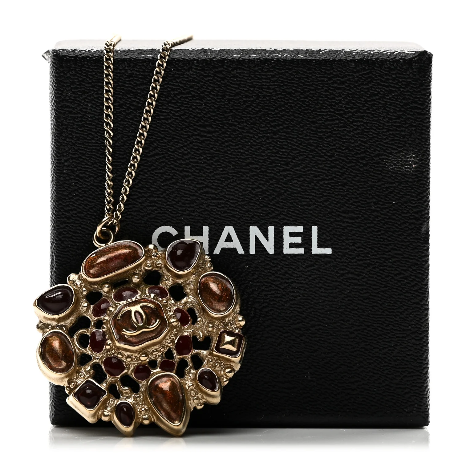 Gripoix Poured Glass CC Pendant Necklace Gold Brown - Image 5