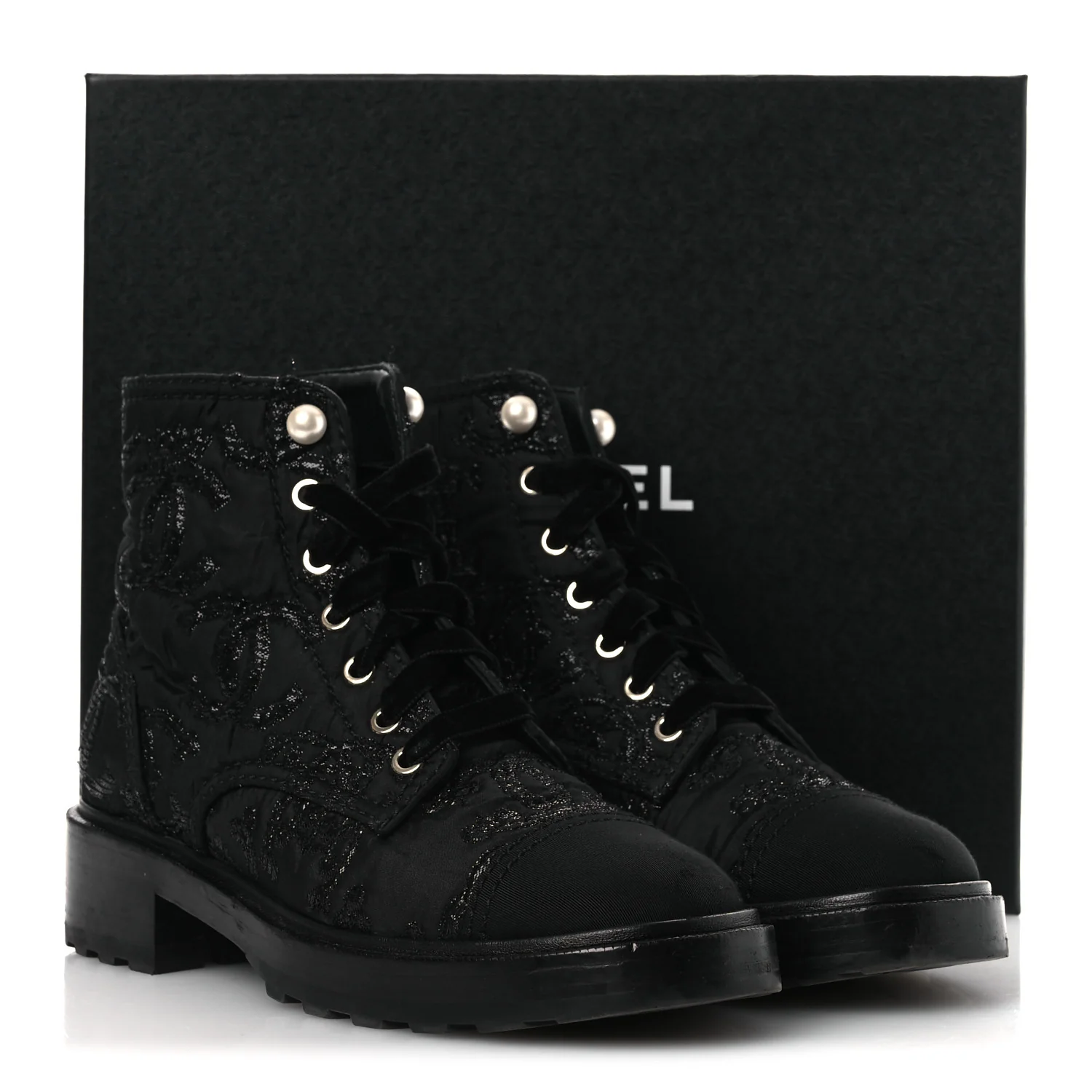 Grosgrain Tweed Pearl CC Combat Short Boots 39 Black - Image 13