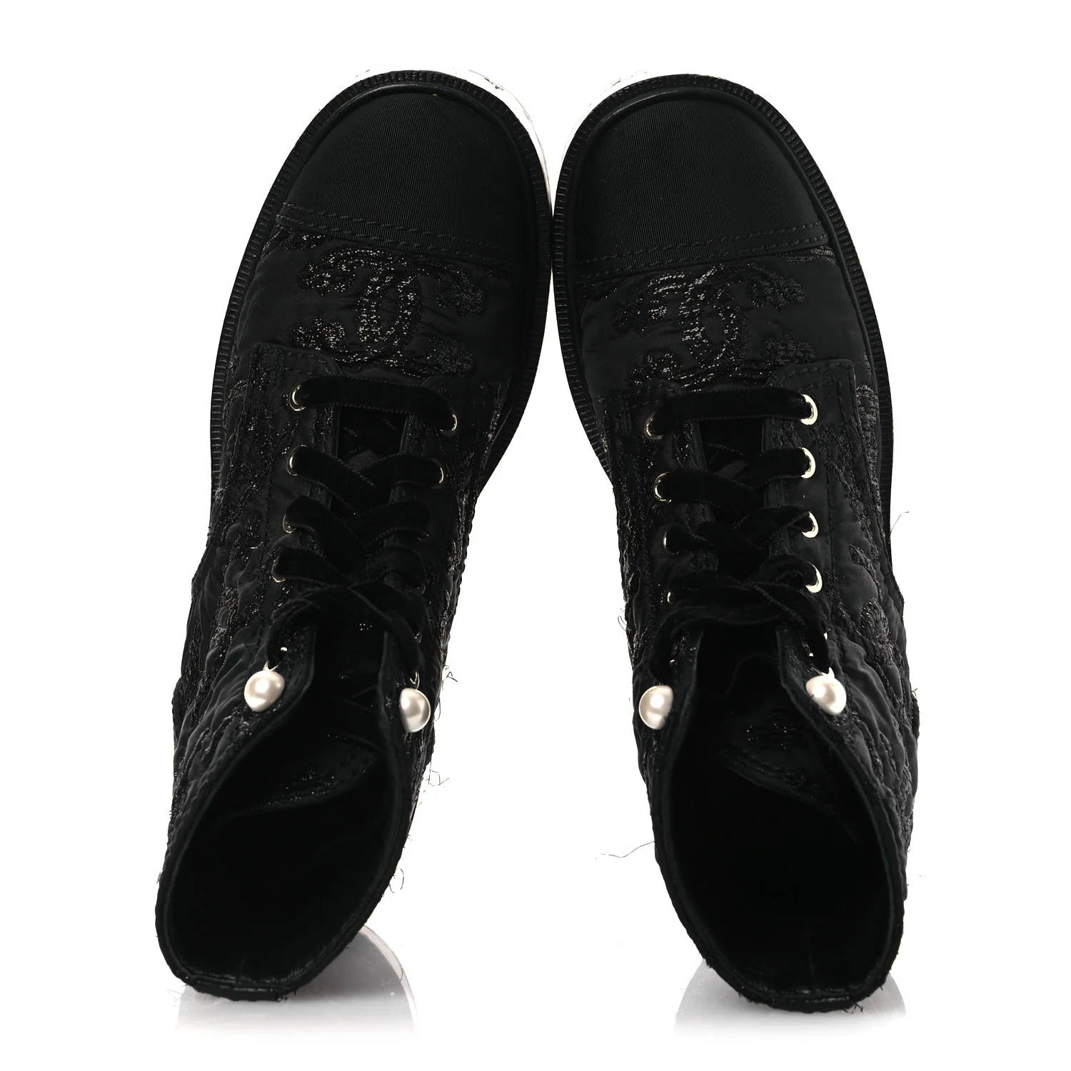 Grosgrain Tweed Pearl CC Combat Short Boots 39 Black - Image 2