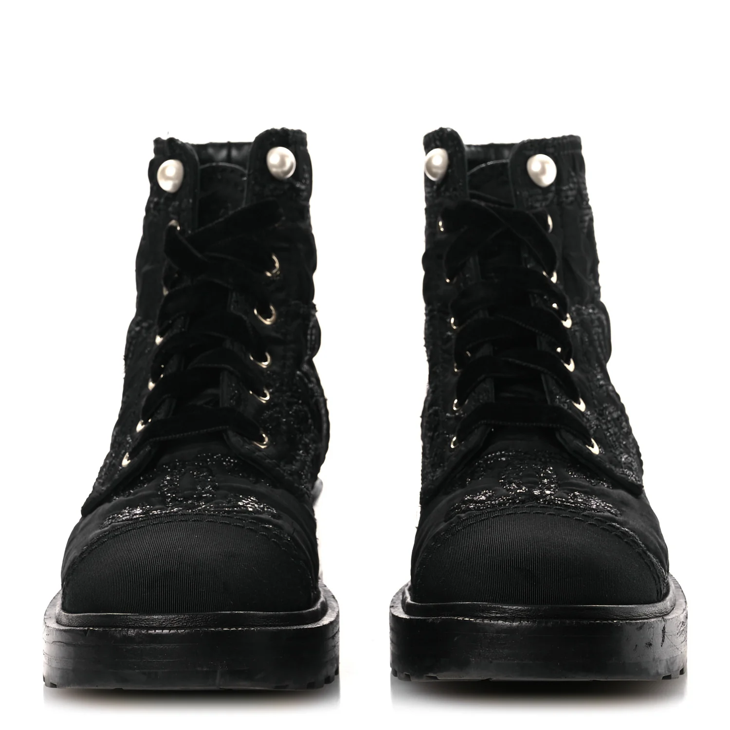 Grosgrain Tweed Pearl CC Combat Short Boots 39 Black - Image 3
