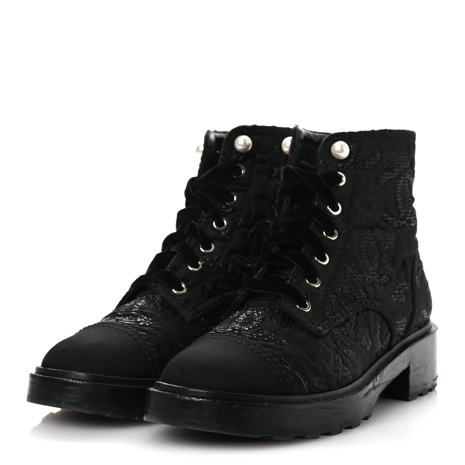 Grosgrain Tweed Pearl CC Combat Short Boots 39 Black - Image 4