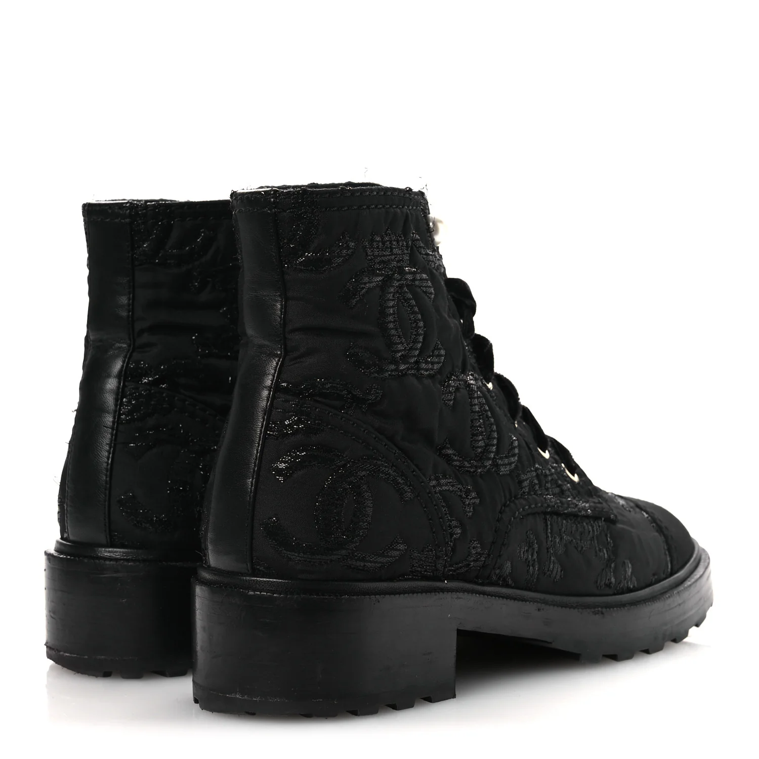 Grosgrain Tweed Pearl CC Combat Short Boots 39 Black - Image 5