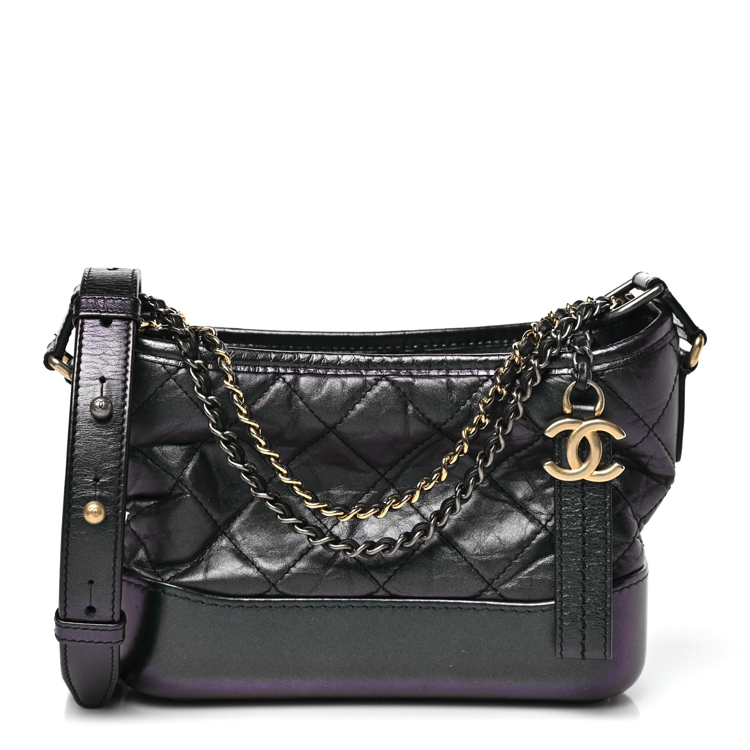 Iridescent Aged Calfskin Quilted Small Gabrielle Hobo Black