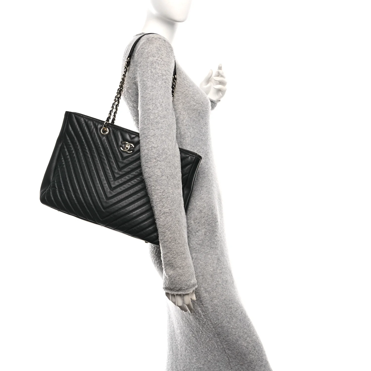 Iridescent Calfskin Chevron Quilted Shopping Tote Black - Image 2