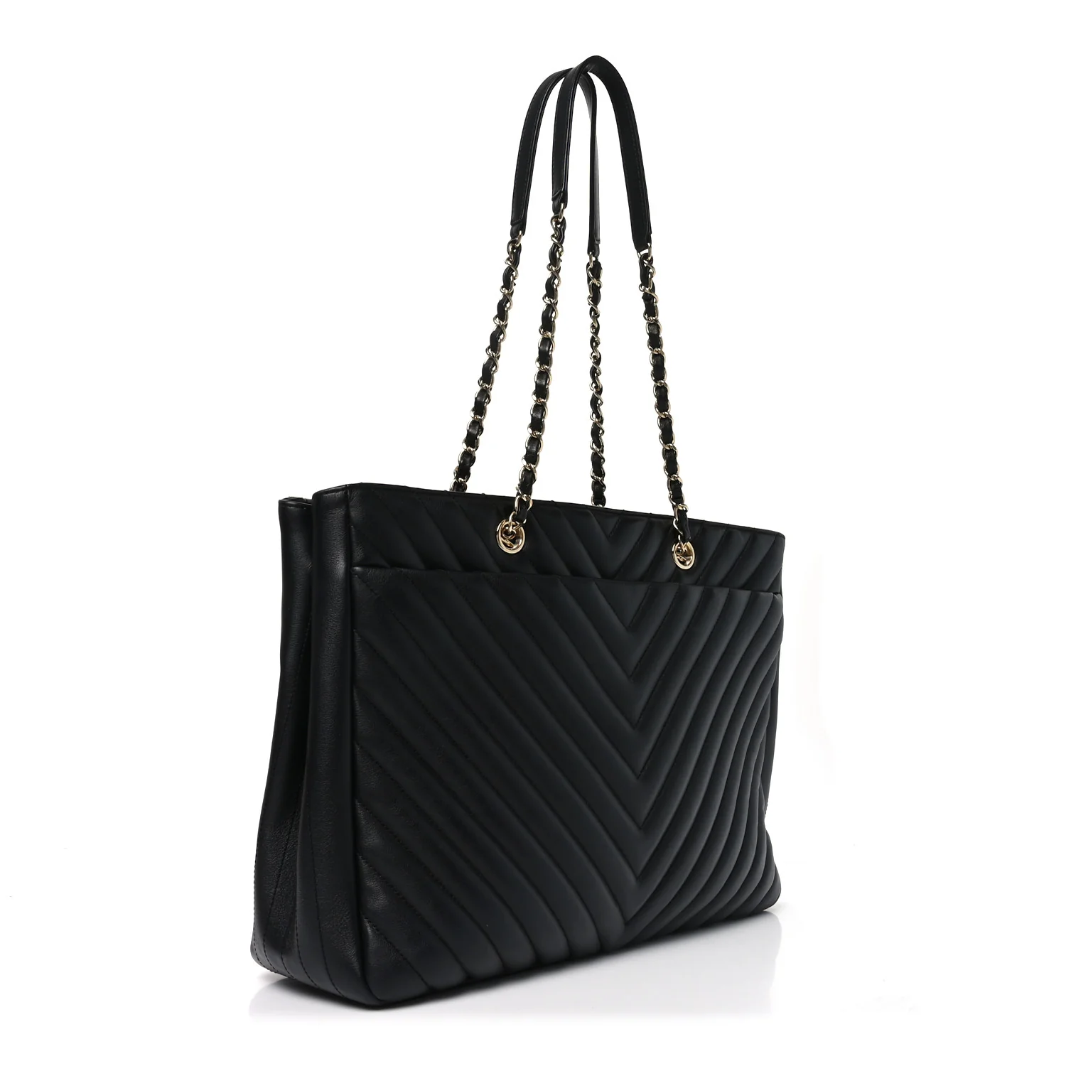 Iridescent Calfskin Chevron Quilted Shopping Tote Black - Image 3