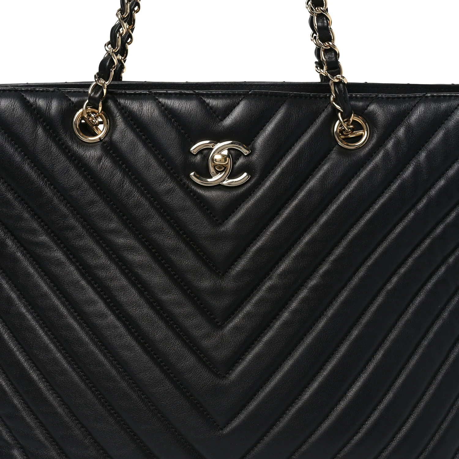 Iridescent Calfskin Chevron Quilted Shopping Tote Black - Image 8