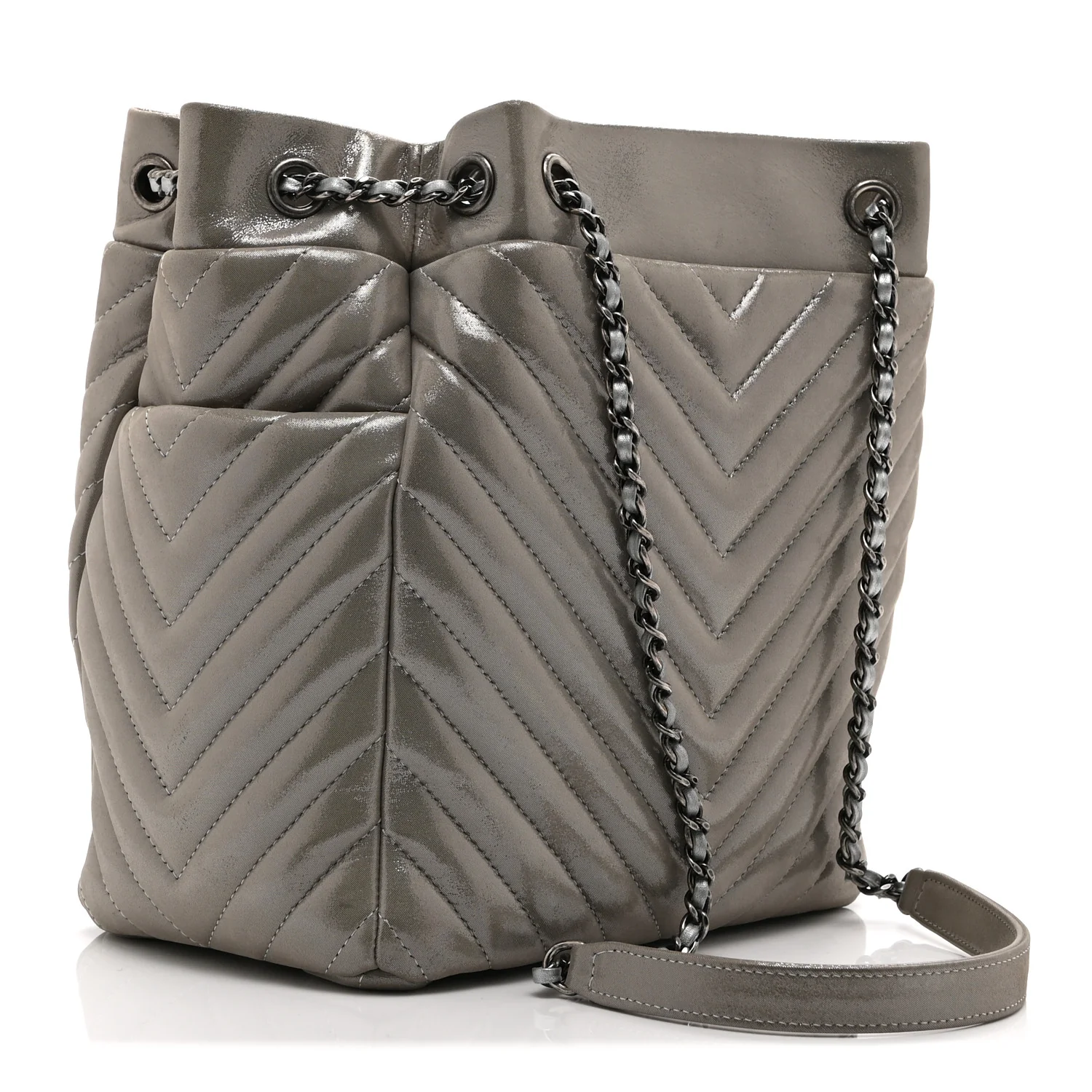 Iridescent Calfskin Chevron Small Urban Spirit Drawstring Bag Silver - Image 3