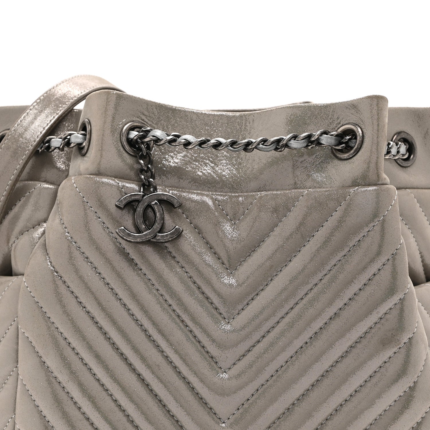 Iridescent Calfskin Chevron Small Urban Spirit Drawstring Bag Silver - Image 8