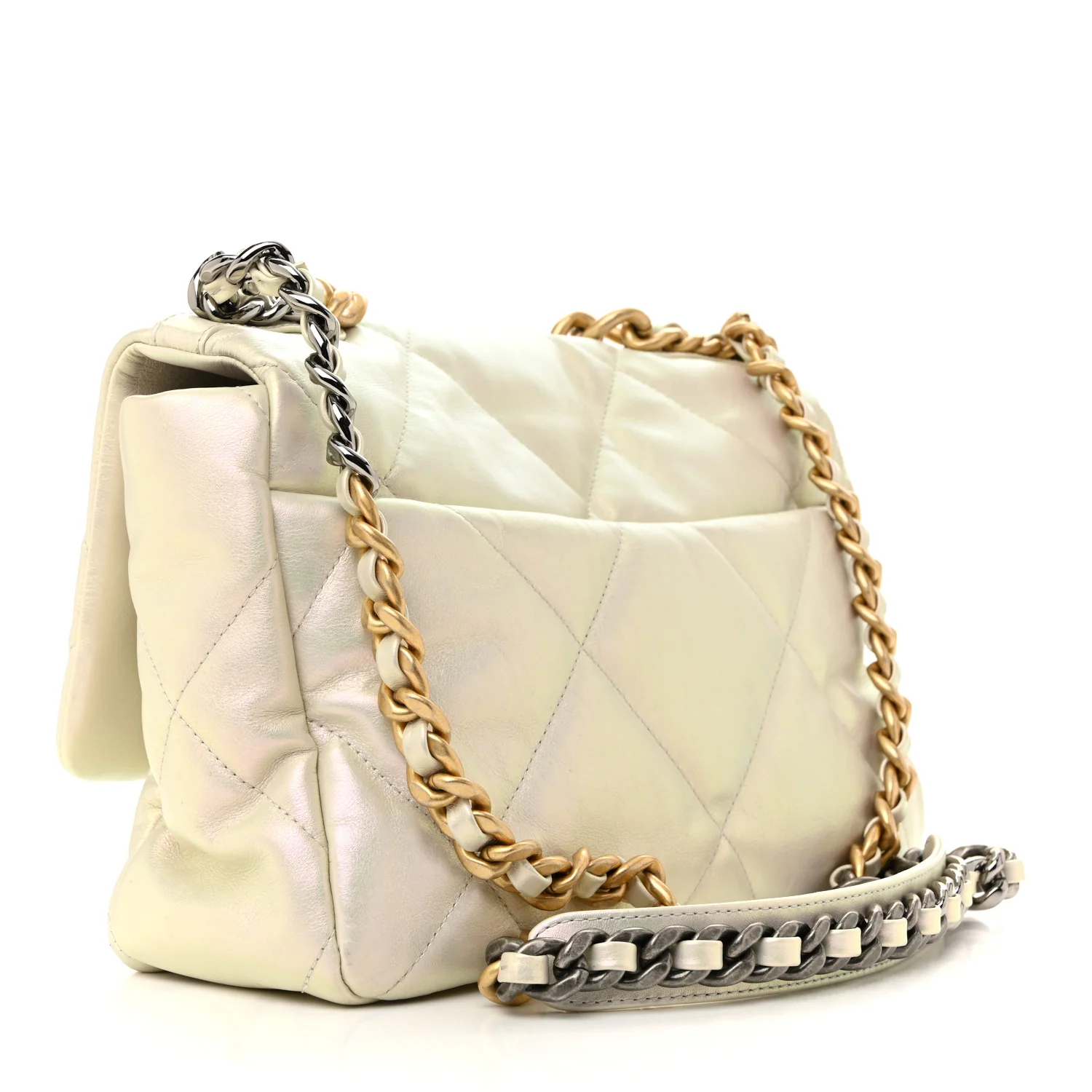 Iridescent Calfskin Quilted Large Chanel 19 Flap White - Image 3