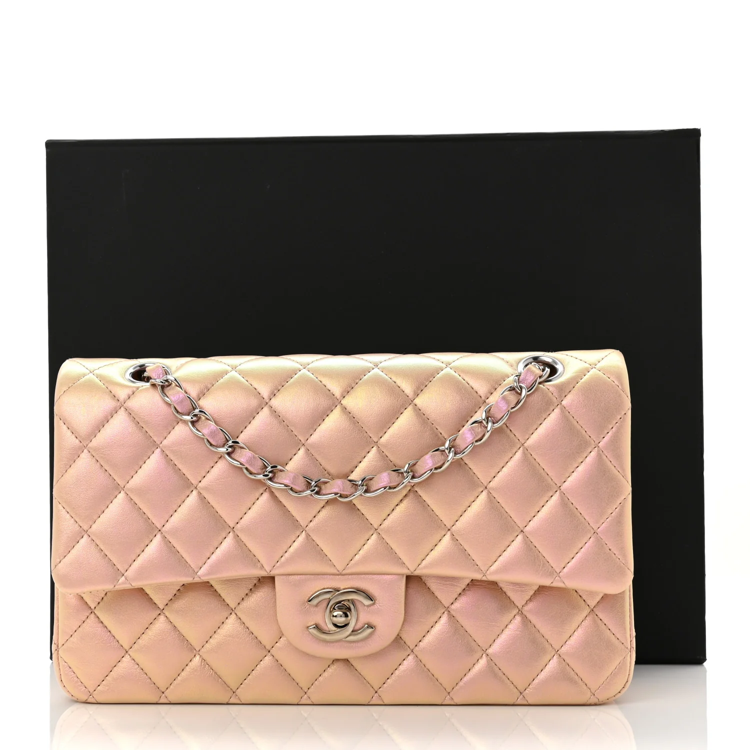 Iridescent Calfskin Quilted Medium Double Flap Pink - Image 11